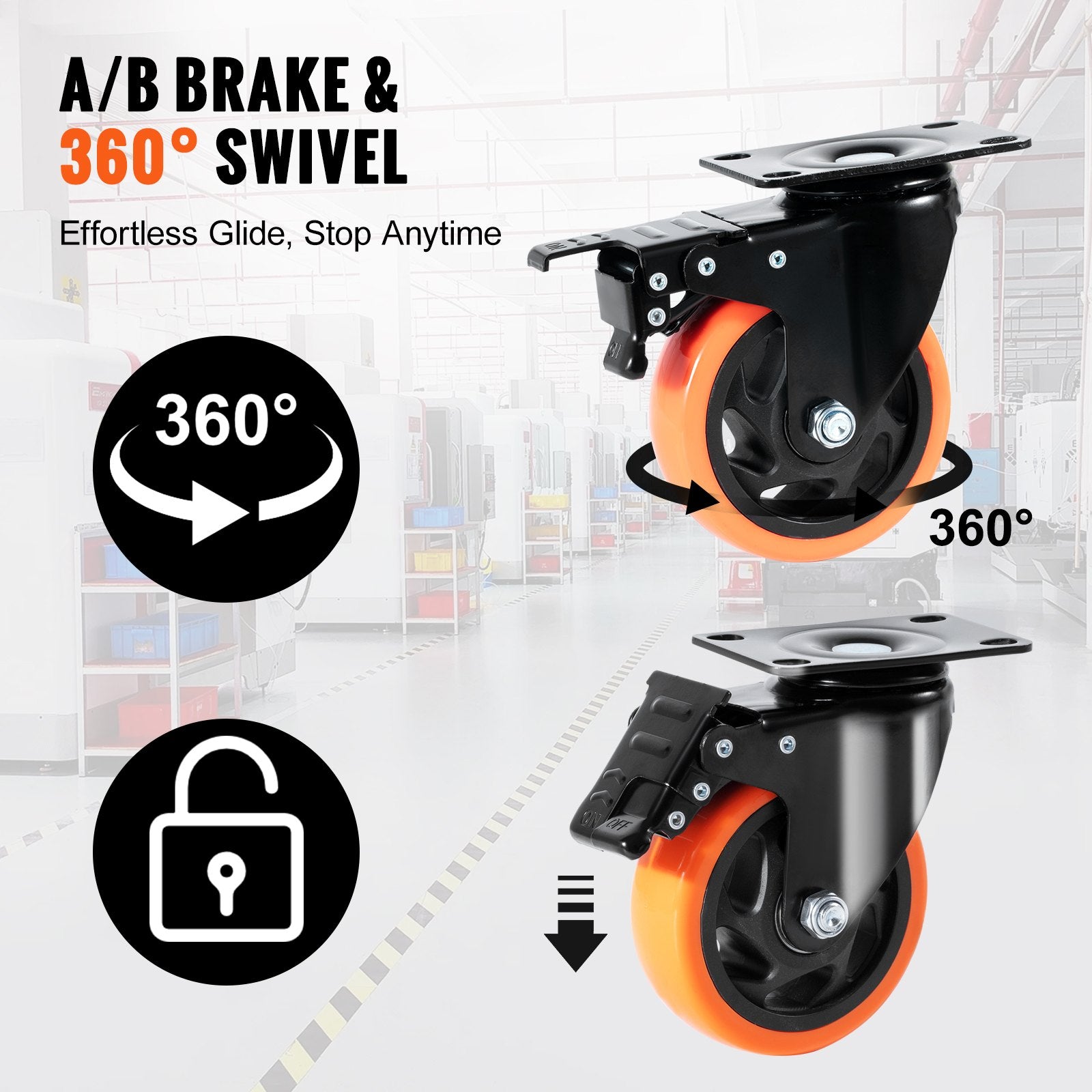 Utility Trolleys: VEVOR Caster Wheels, 101.6 mm Swivel Plate Casters, Set of 4, with Security A/B Locking No Noise PVC Wheels, Heavy Duty 159 kg Load Capacity Per Caster, Non-Marking Wheels for Cart Furniture Workbench