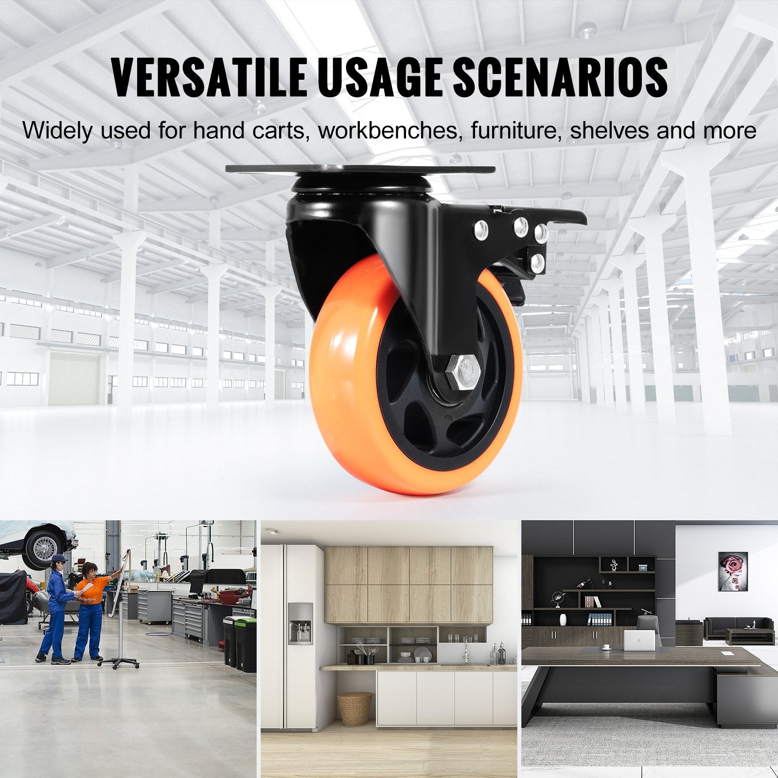 Utility Trolleys: VEVOR Caster Wheels, 101.6 mm Swivel Plate Casters, Set of 4, with Security A/B Locking No Noise PVC Wheels, Heavy Duty 159 kg Load Capacity Per Caster, Non-Marking Wheels for Cart Furniture Workbench
