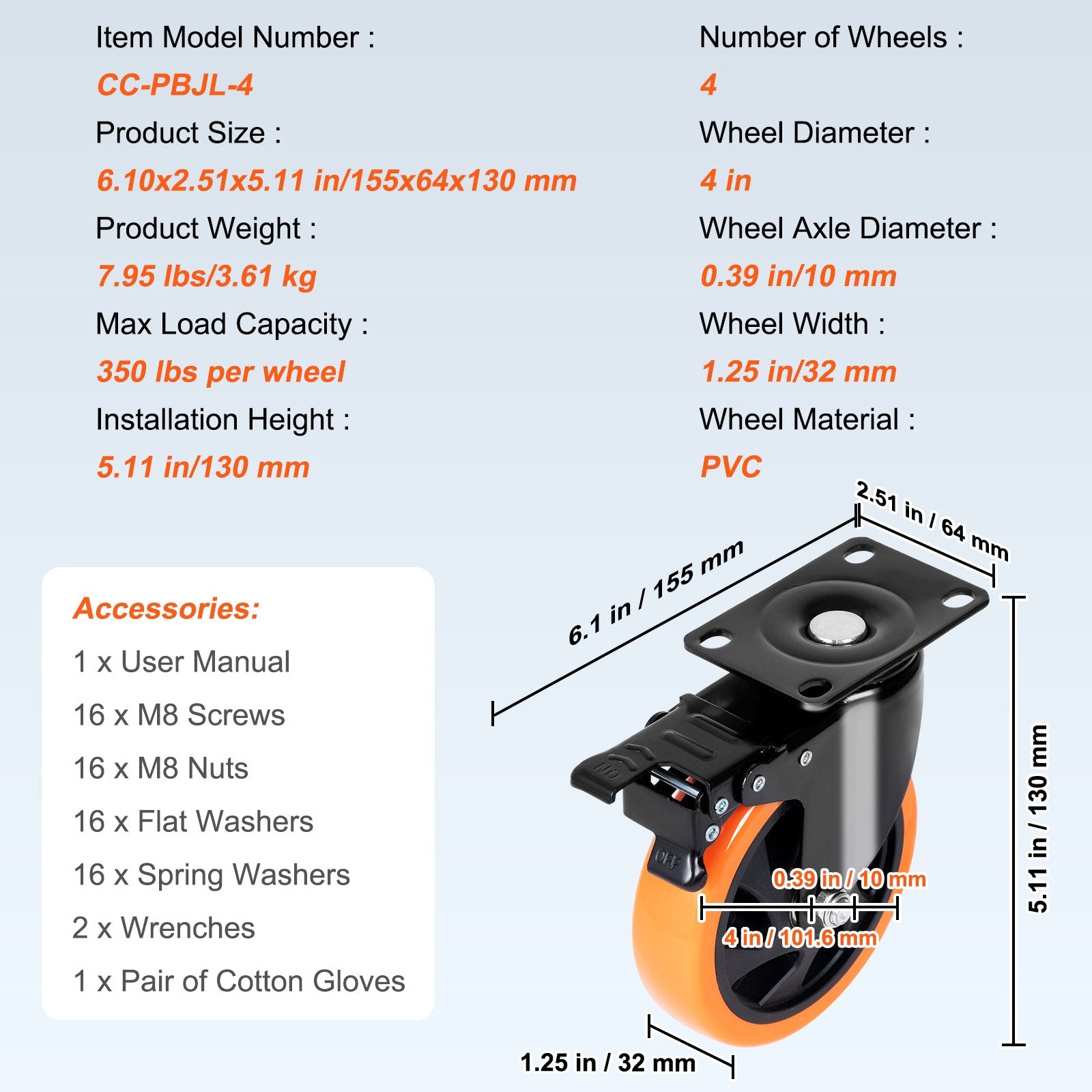 Utility Trolleys: VEVOR Caster Wheels, 101.6 mm Swivel Plate Casters, Set of 4, with Security A/B Locking No Noise PVC Wheels, Heavy Duty 159 kg Load Capacity Per Caster, Non-Marking Wheels for Cart Furniture Workbench