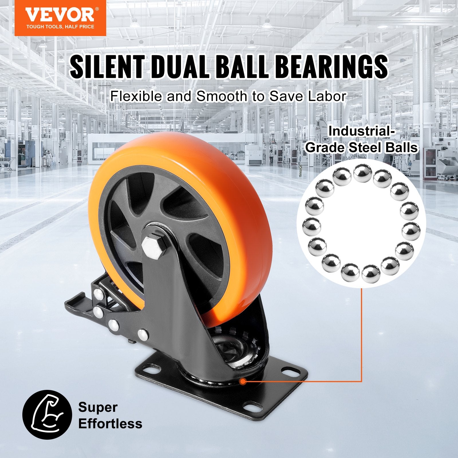 Utility Trolleys: VEVOR Caster Wheels, 127 mm Swivel Plate Casters, Set of 4, with Security A/B Locking No Noise PVC Wheels, Heavy Duty 204 kg Load Capacity Per Caster, Non-Marking Wheels for Cart Furniture Workbench