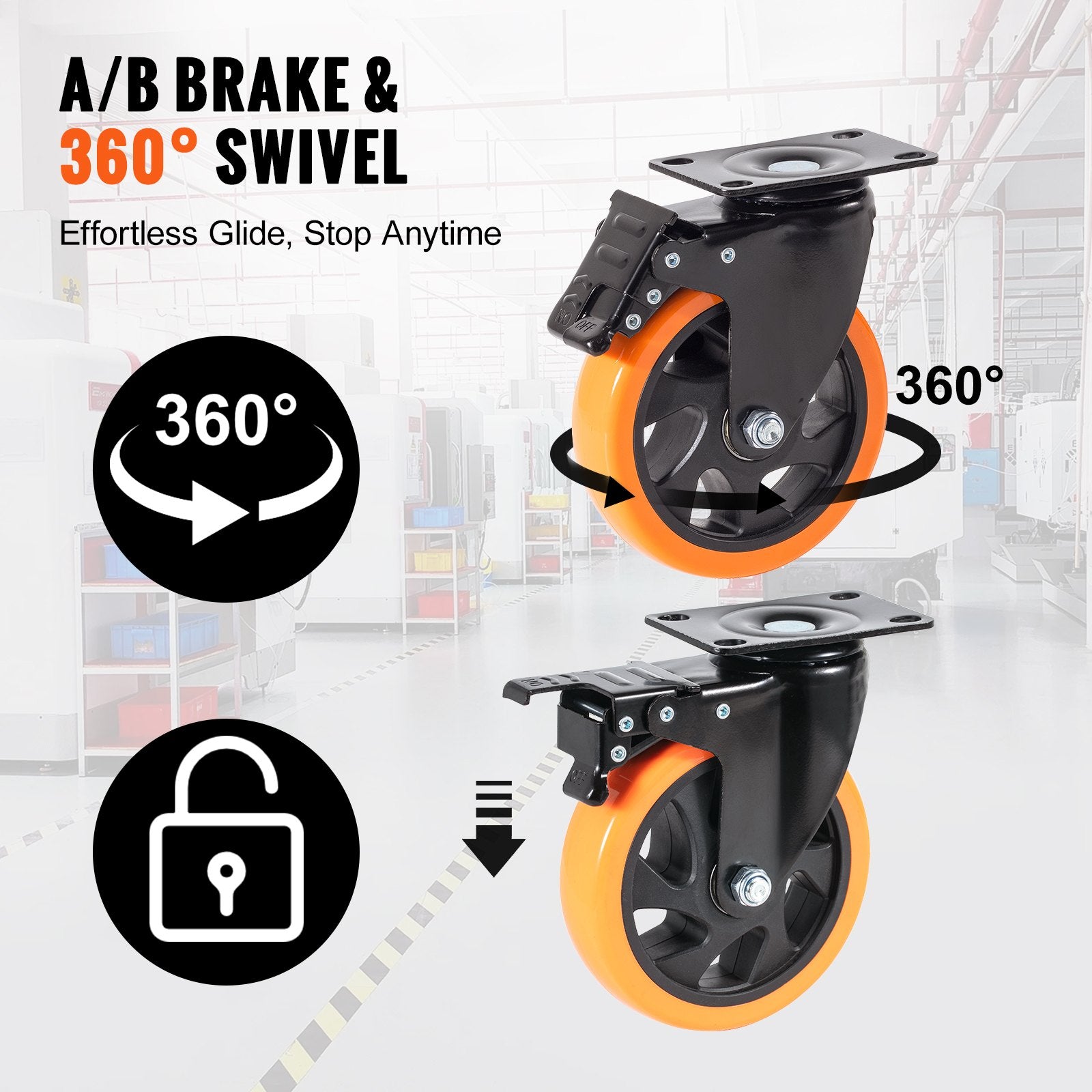 Utility Trolleys: VEVOR Caster Wheels, 127 mm Swivel Plate Casters, Set of 4, with Security A/B Locking No Noise PVC Wheels, Heavy Duty 204 kg Load Capacity Per Caster, Non-Marking Wheels for Cart Furniture Workbench