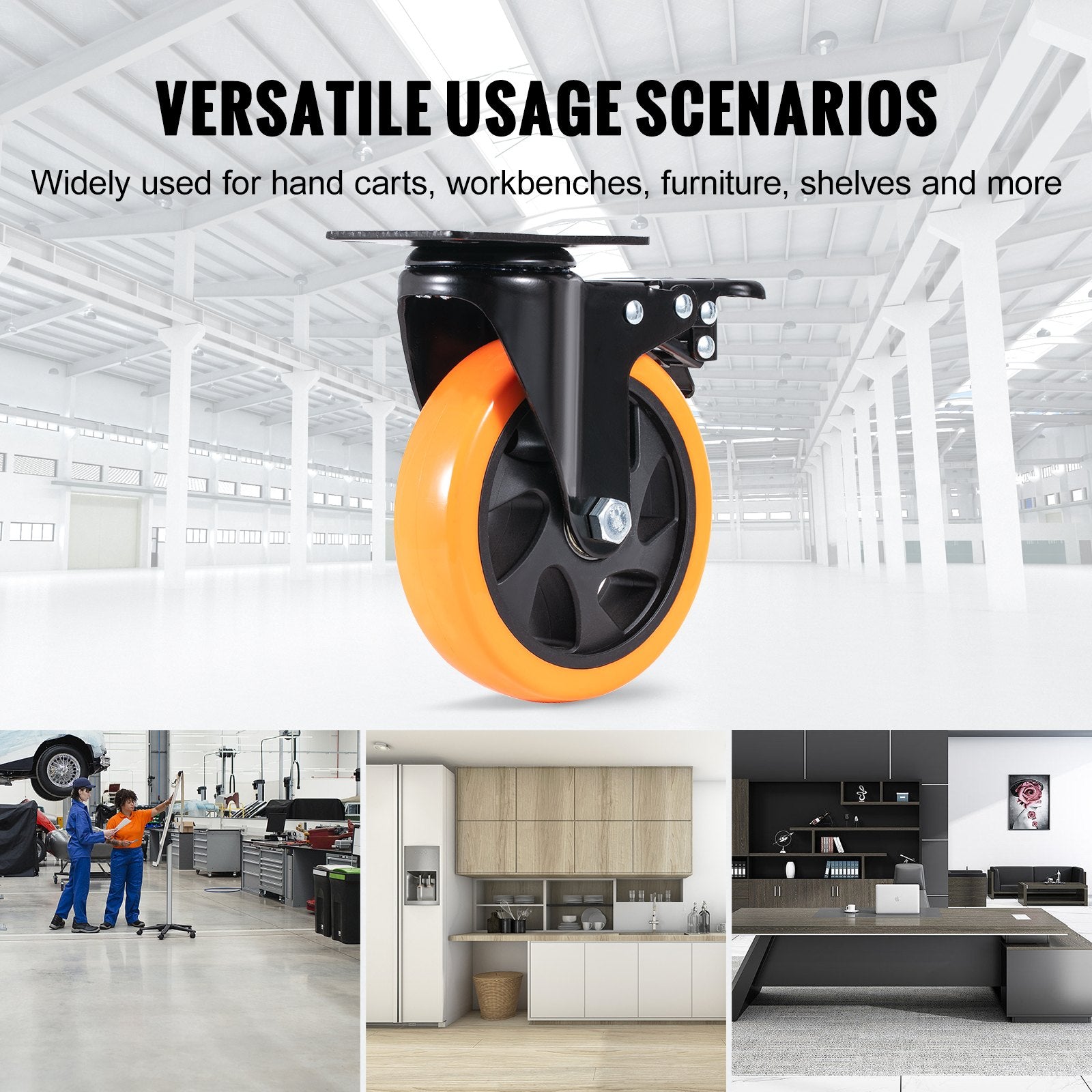 Utility Trolleys: VEVOR Caster Wheels, 127 mm Swivel Plate Casters, Set of 4, with Security A/B Locking No Noise PVC Wheels, Heavy Duty 204 kg Load Capacity Per Caster, Non-Marking Wheels for Cart Furniture Workbench