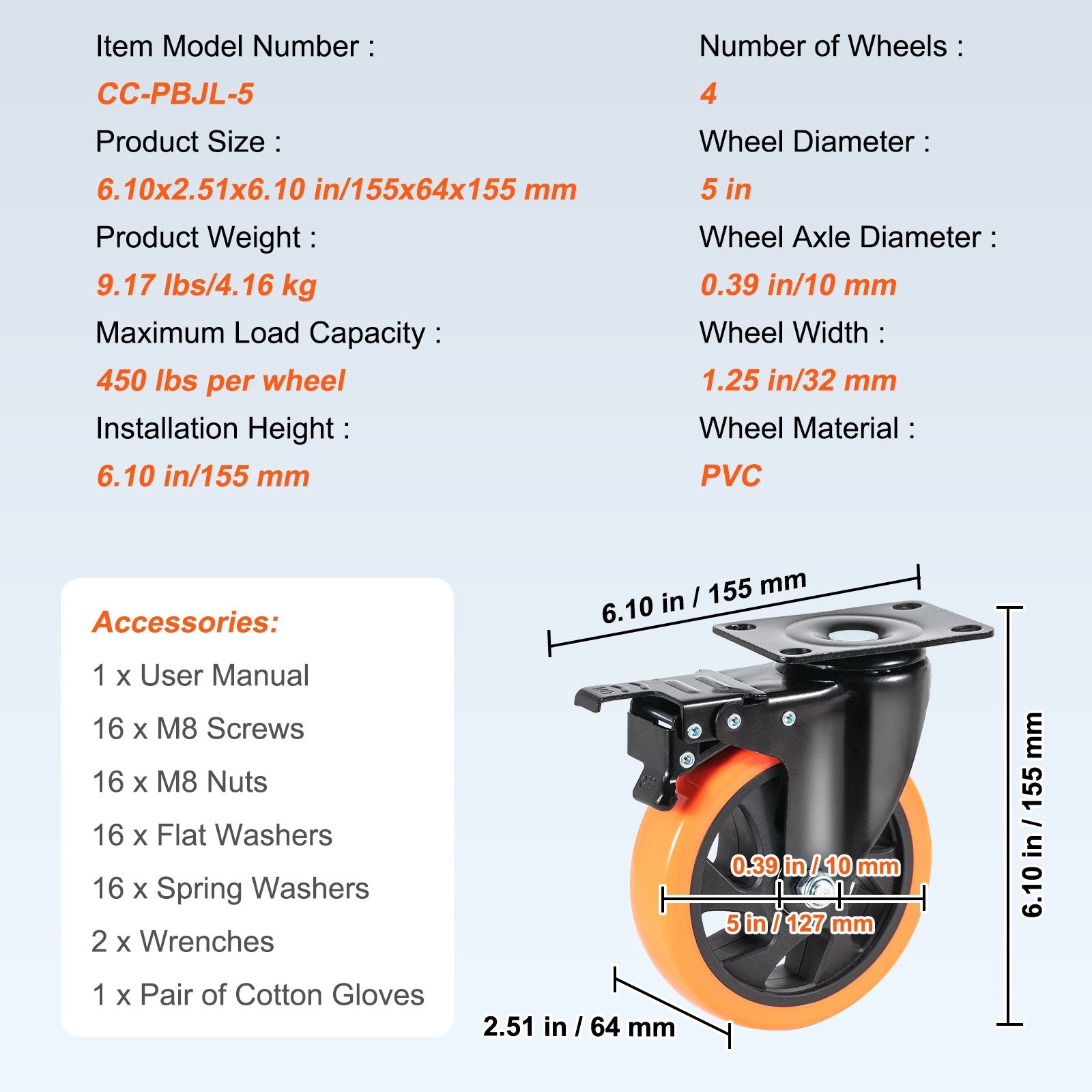 Utility Trolleys: VEVOR Caster Wheels, 127 mm Swivel Plate Casters, Set of 4, with Security A/B Locking No Noise PVC Wheels, Heavy Duty 204 kg Load Capacity Per Caster, Non-Marking Wheels for Cart Furniture Workbench