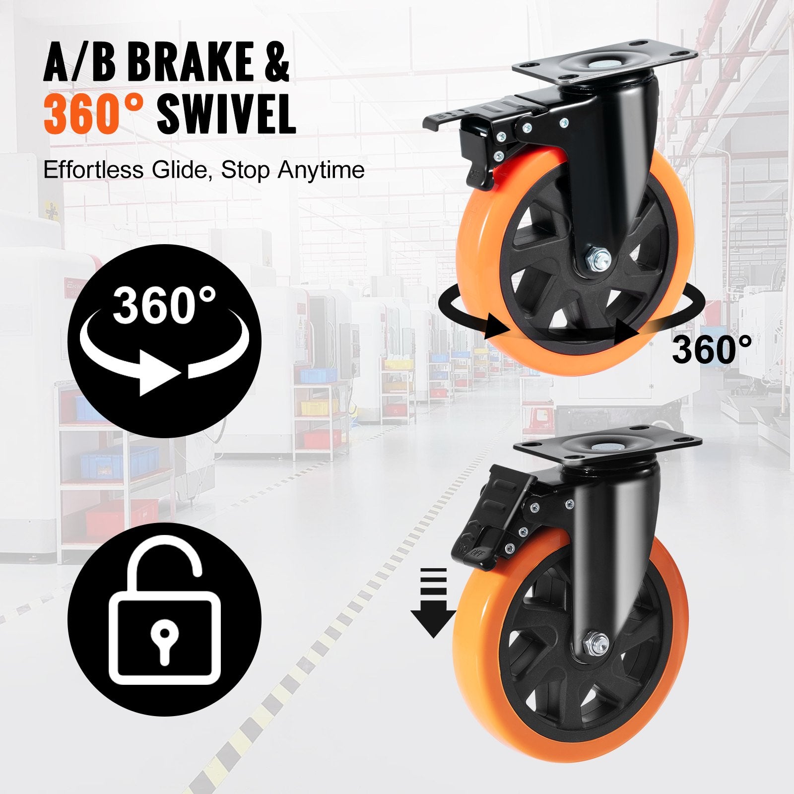 Utility Trolleys: VEVOR Caster Wheels, 152.4 mm Swivel Plate Casters, Set of 4, with Security A/B Locking No Noise PVC Wheels, Heavy Duty 318 kg Load Capacity Per Caster, Non-Marking Wheels for Cart Furniture Workbench