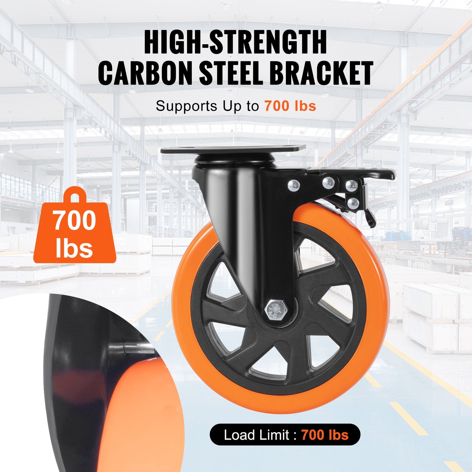Utility Trolleys: VEVOR Caster Wheels, 152.4 mm Swivel Plate Casters, Set of 4, with Security A/B Locking No Noise PVC Wheels, Heavy Duty 318 kg Load Capacity Per Caster, Non-Marking Wheels for Cart Furniture Workbench