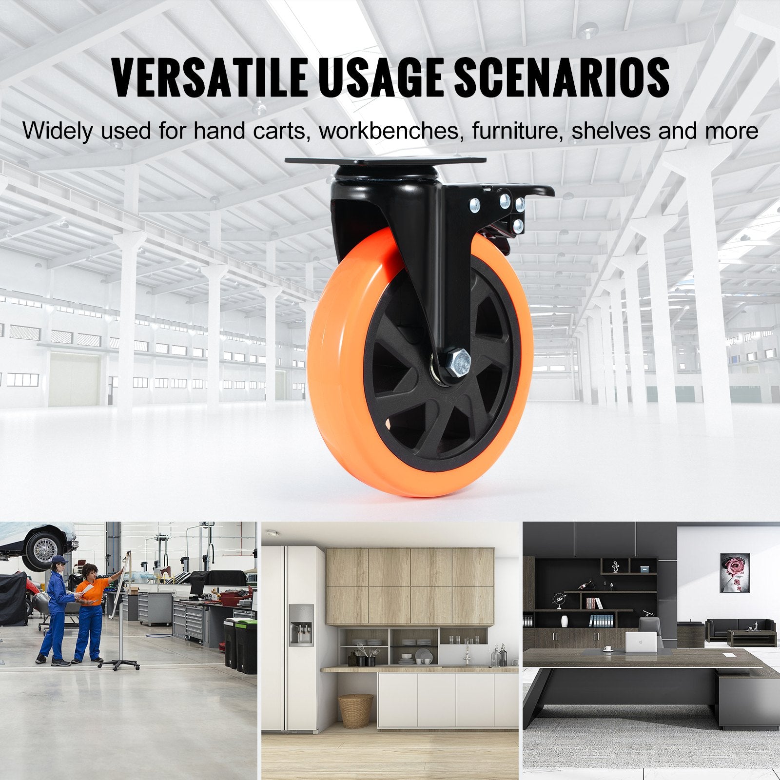Utility Trolleys: VEVOR Caster Wheels, 152.4 mm Swivel Plate Casters, Set of 4, with Security A/B Locking No Noise PVC Wheels, Heavy Duty 318 kg Load Capacity Per Caster, Non-Marking Wheels for Cart Furniture Workbench