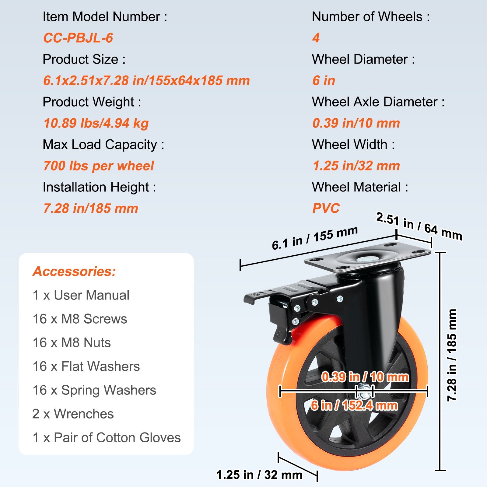 Utility Trolleys: VEVOR Caster Wheels, 152.4 mm Swivel Plate Casters, Set of 4, with Security A/B Locking No Noise PVC Wheels, Heavy Duty 318 kg Load Capacity Per Caster, Non-Marking Wheels for Cart Furniture Workbench