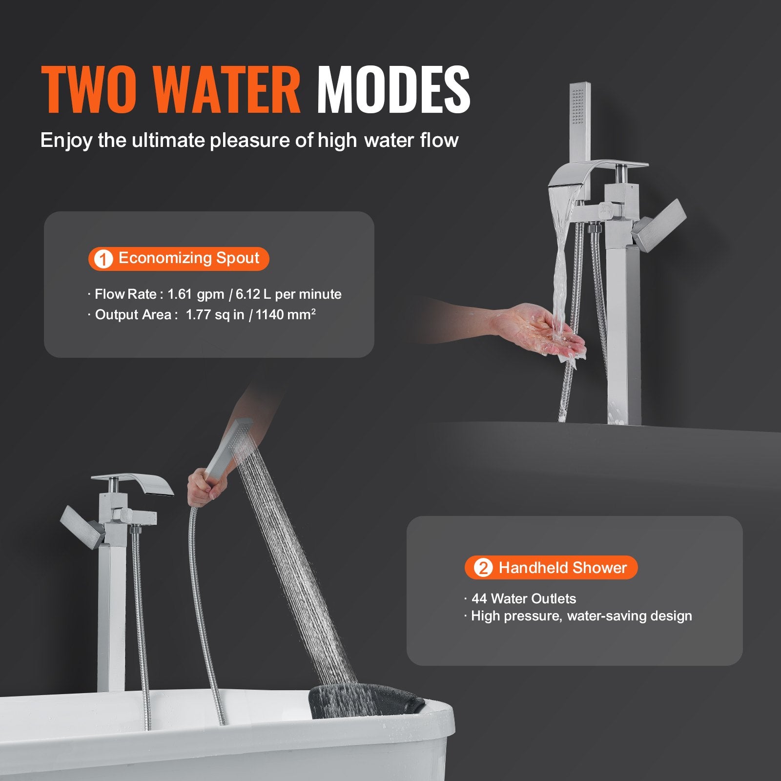 Freestanding Bathtub Faucet, Floor Mount, Freestanding Tub Filler, Shower Mixer Taps, Two Water Modes, Swivel Spout, for Bathing & Showering Pet Bathing Cleaning Drains Toilet Flushing
