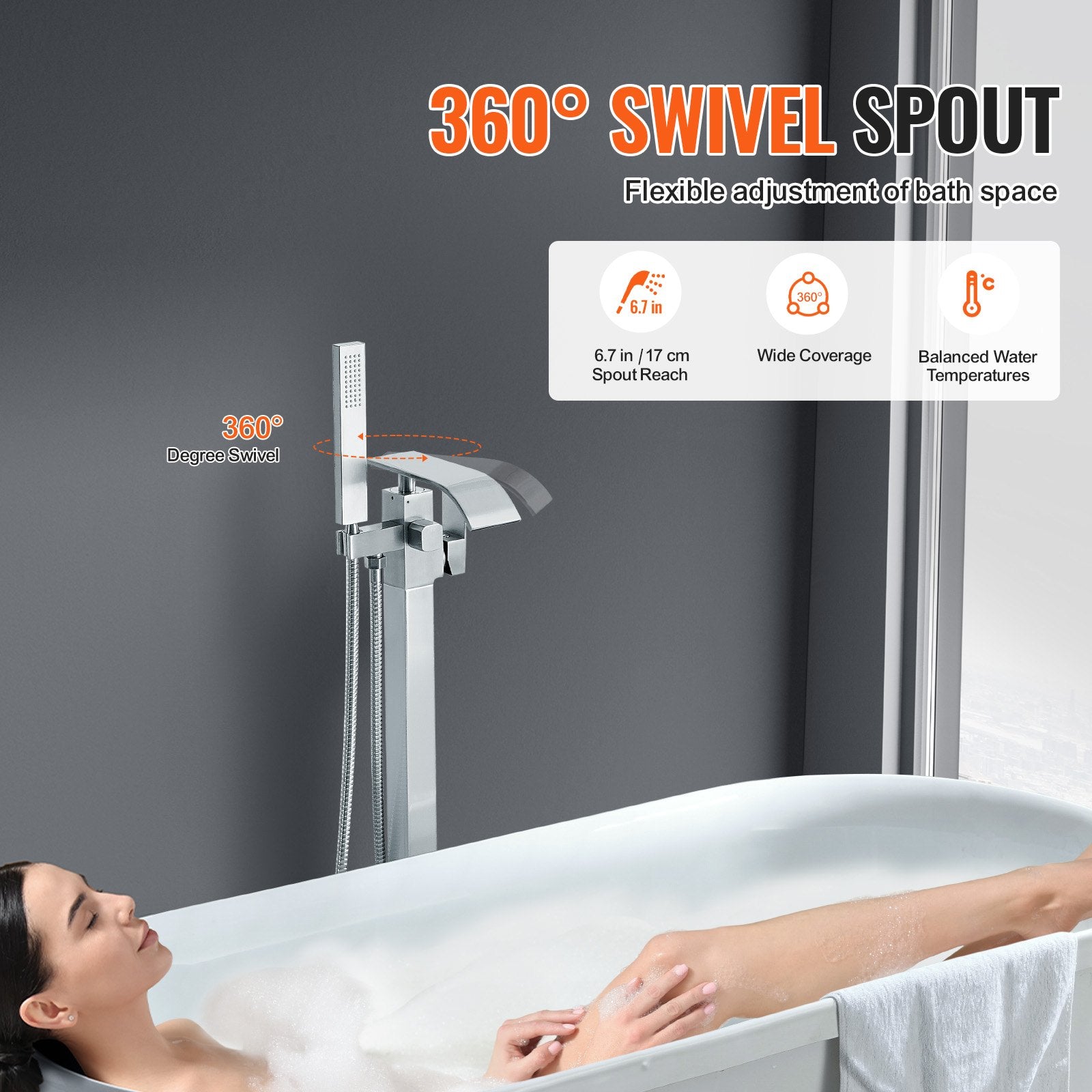 Freestanding Bathtub Faucet, Floor Mount, Freestanding Tub Filler, Shower Mixer Taps, Two Water Modes, Swivel Spout, for Bathing & Showering Pet Bathing Cleaning Drains Toilet Flushing