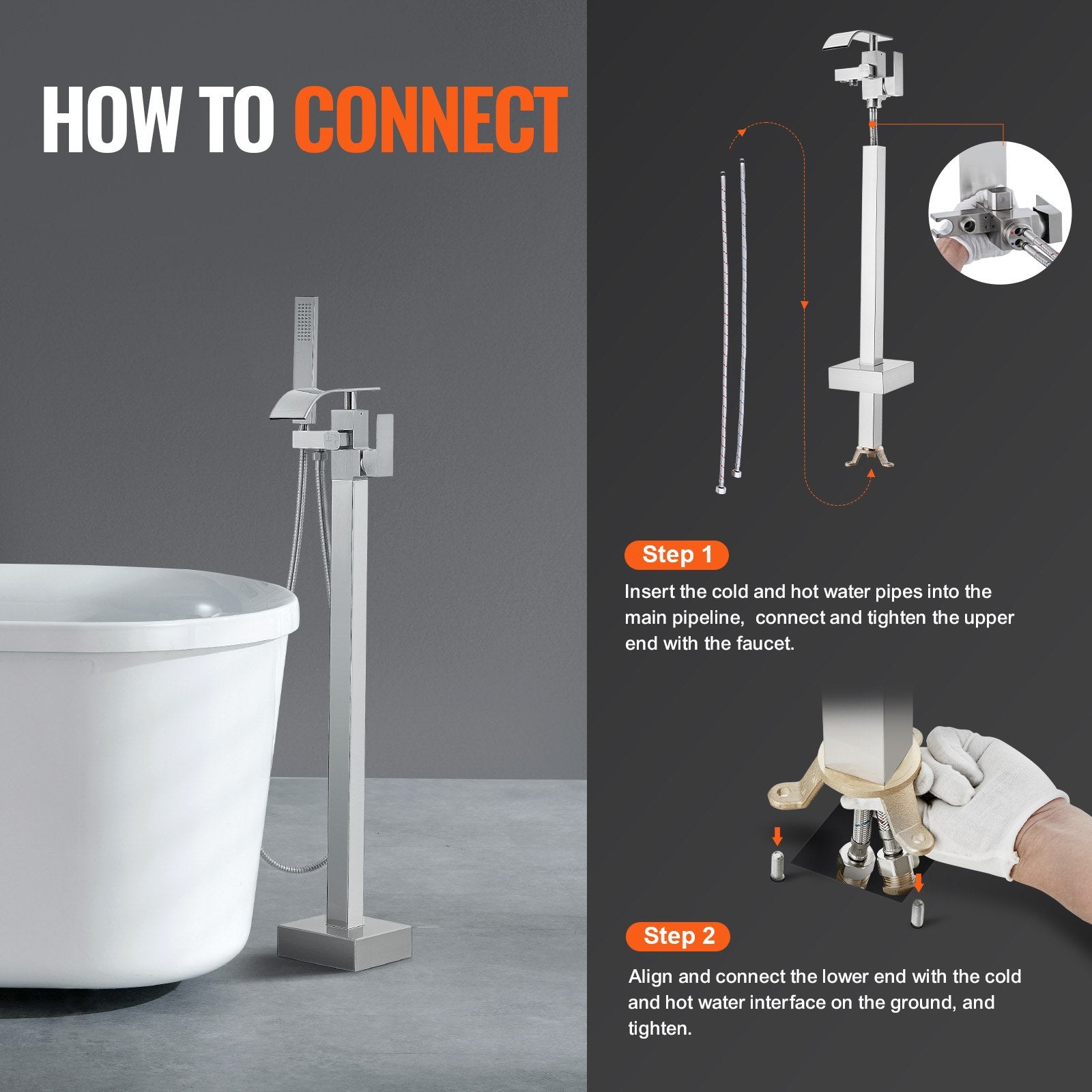 Freestanding Bathtub Faucet, Floor Mount, Freestanding Tub Filler, Shower Mixer Taps, Two Water Modes, Swivel Spout, for Bathing & Showering Pet Bathing Cleaning Drains Toilet Flushing