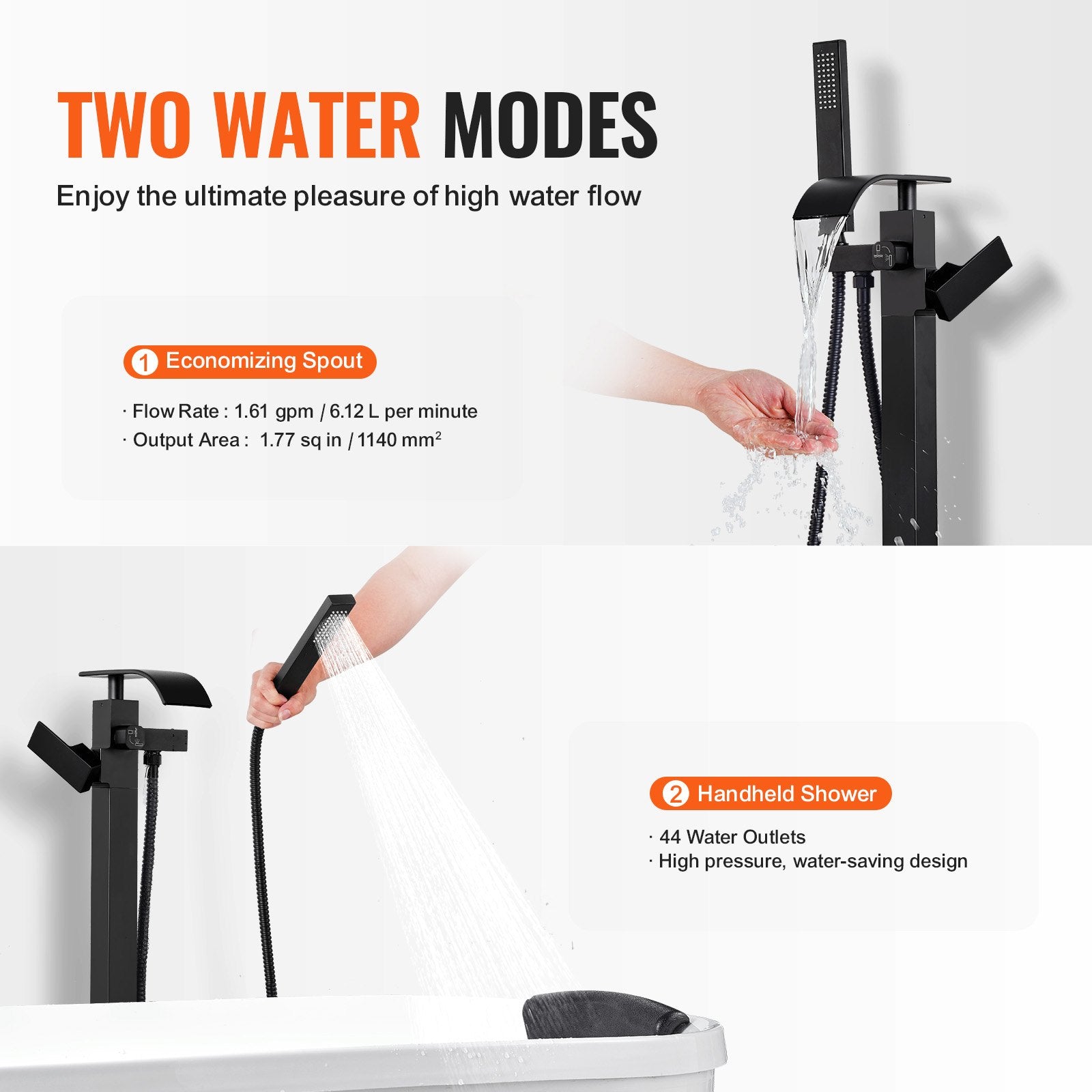 Freestanding Bathtub Faucet, Floor Mount, Freestanding Tub Filler, Shower Mixer Taps, Two Water Modes, 360° Swivel Spout, for Bathing & Showering Pet Bathing Cleaning Drains Toilet Flushing