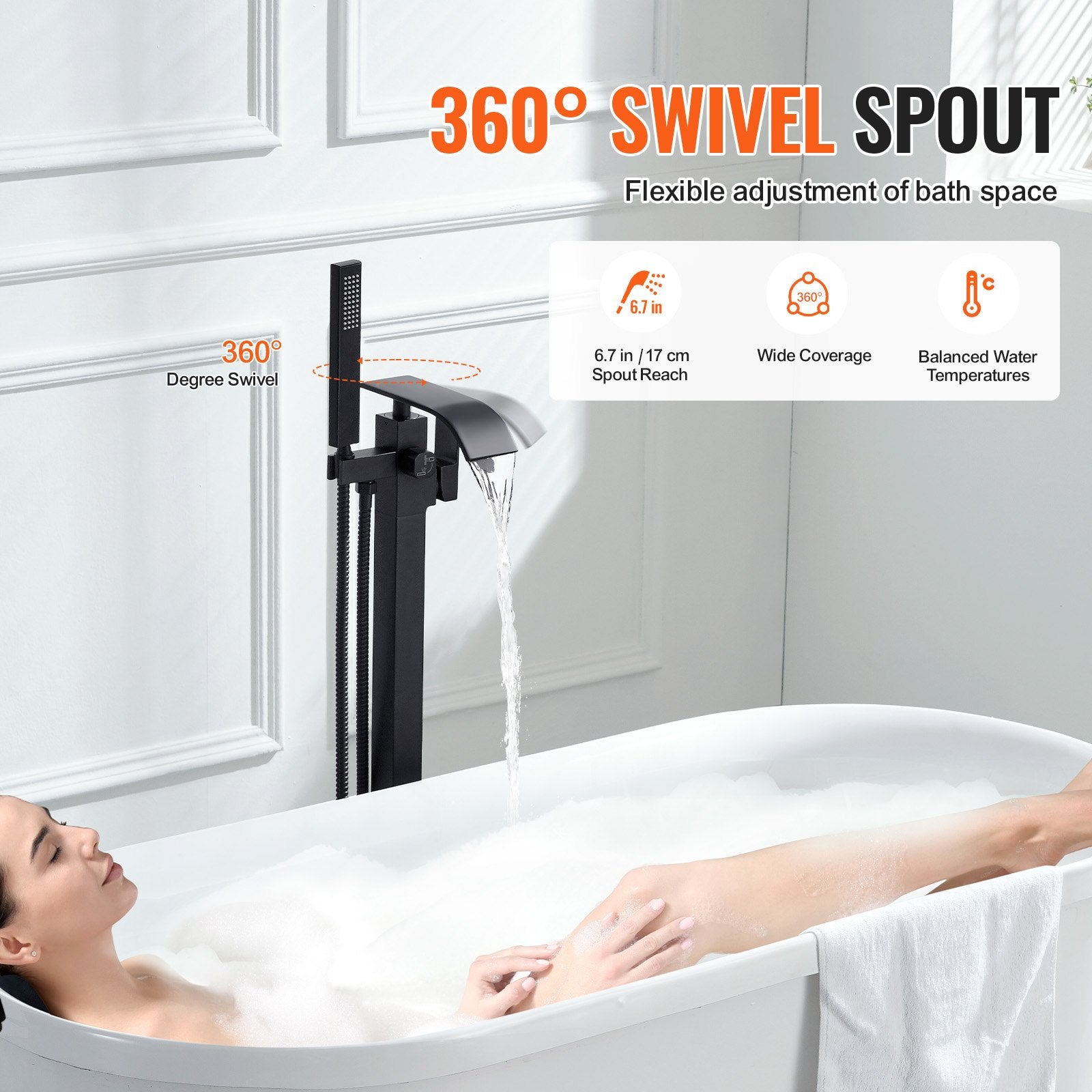 Freestanding Bathtub Faucet, Floor Mount, Freestanding Tub Filler, Shower Mixer Taps, Two Water Modes, 360° Swivel Spout, for Bathing & Showering Pet Bathing Cleaning Drains Toilet Flushing
