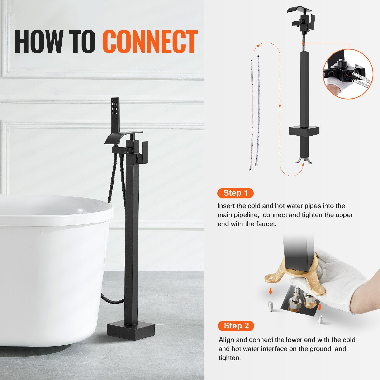 Freestanding Bathtub Faucet, Floor Mount, Freestanding Tub Filler, Shower Mixer Taps, Two Water Modes, 360° Swivel Spout, for Bathing & Showering Pet Bathing Cleaning Drains Toilet Flushing