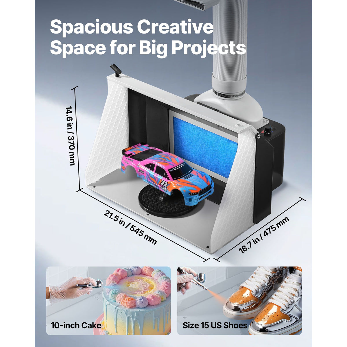 Airbrush Spray Booth, Dual Fans, 545 x 475 x 370 mm, Portable Hobby Airbrush Paint Spray Booth Kit with 3 LED Lights and Exhaust Extension Hose, for Painting Models, Arts, Crafts, Cakes