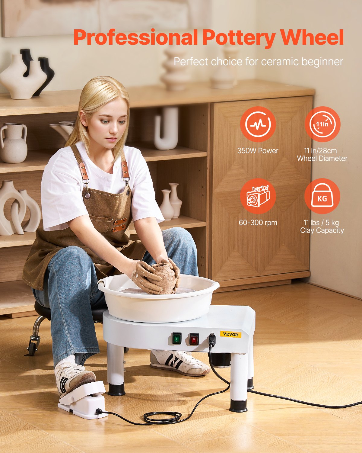 Mobility & Accessibility: VEVOR Pottery Wheel, 28 cm Ceramic Wheel Forming Machine, 60-300 RPM Speed Adjustable Foot Pedal, Adjustable Lift Leg, Detachable Basin, Complete Tool Accessory Kit for Work Art Craft DIY, White