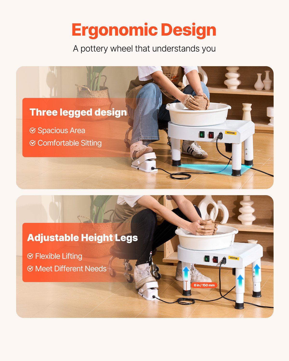 Mobility & Accessibility: VEVOR Pottery Wheel, 28 cm Ceramic Wheel Forming Machine, 60-300 RPM Speed Adjustable Foot Pedal, Adjustable Lift Leg, Detachable Basin, Complete Tool Accessory Kit for Work Art Craft DIY, White