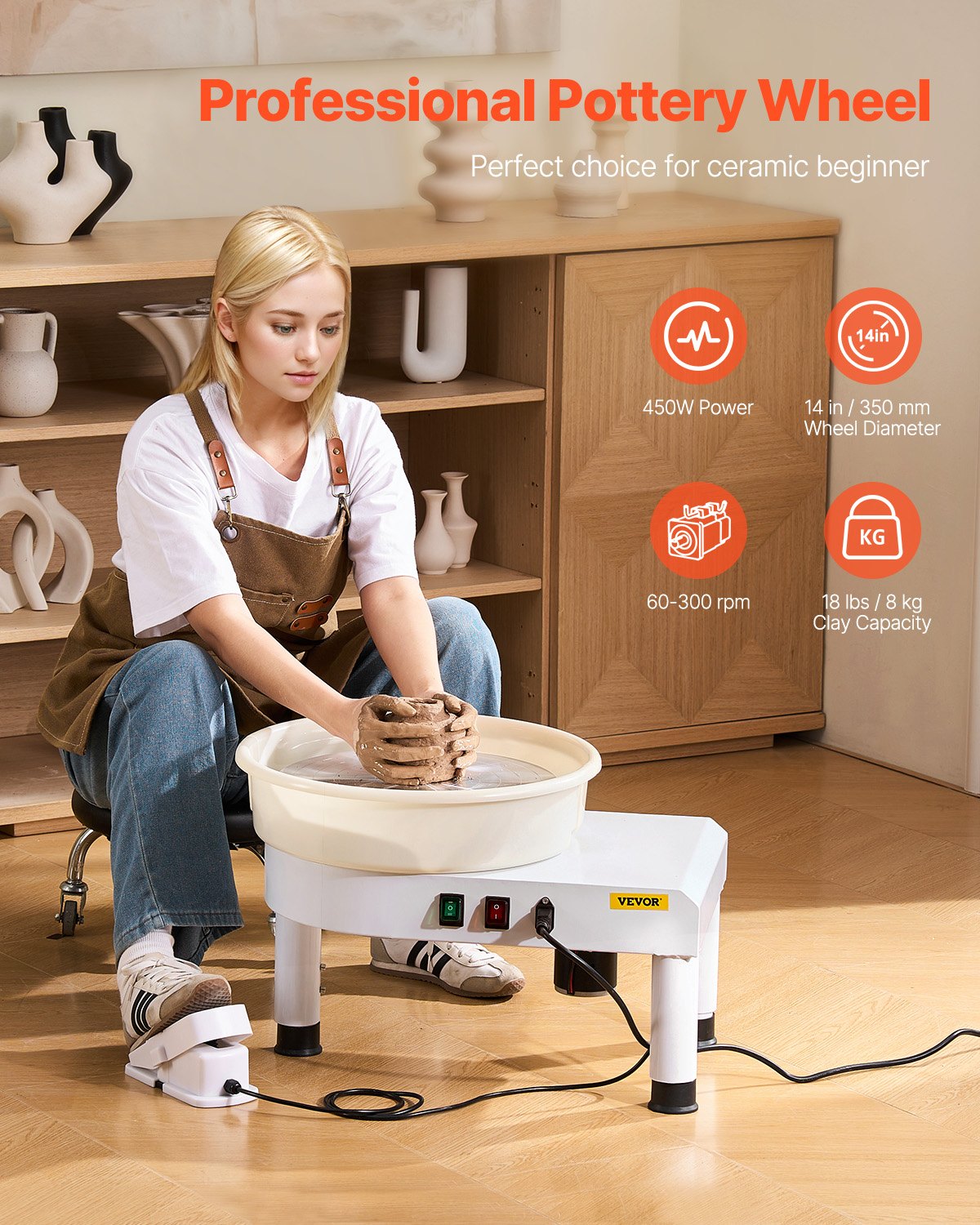 Mobility & Accessibility: VEVOR Pottery Wheel, 35 cm Ceramic Wheel Forming Machine, 60-300 RPM Speed Adjustable Foot Pedal, Adjustable Lift Leg, Detachable Basin, Complete Tool Accessory Kit for Work Art Craft DIY, White