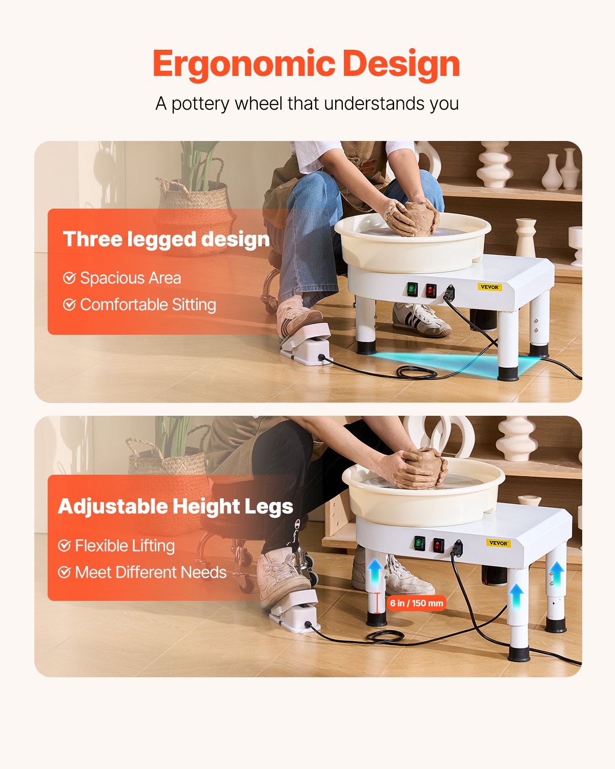 Mobility & Accessibility: VEVOR Pottery Wheel, 35 cm Ceramic Wheel Forming Machine, 60-300 RPM Speed Adjustable Foot Pedal, Adjustable Lift Leg, Detachable Basin, Complete Tool Accessory Kit for Work Art Craft DIY, White