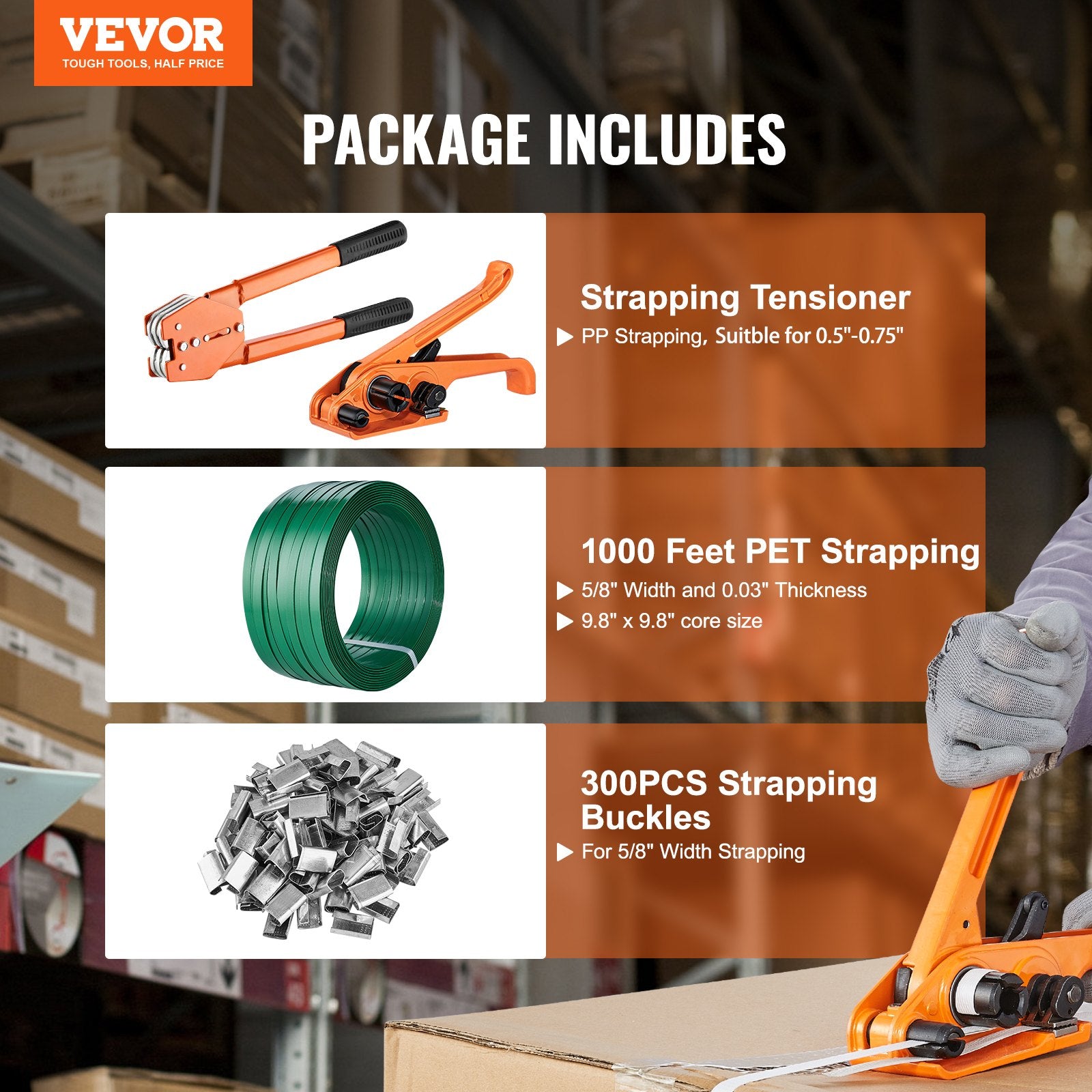 Banding Strapping Kit with Strapping Tensioner Tool, Banding Sealer Tool, 300 m Length PET Band, 300 Metal Seals, Pallet Packaging Strapping Banding Kit Banding Packaging Strapping for Packing