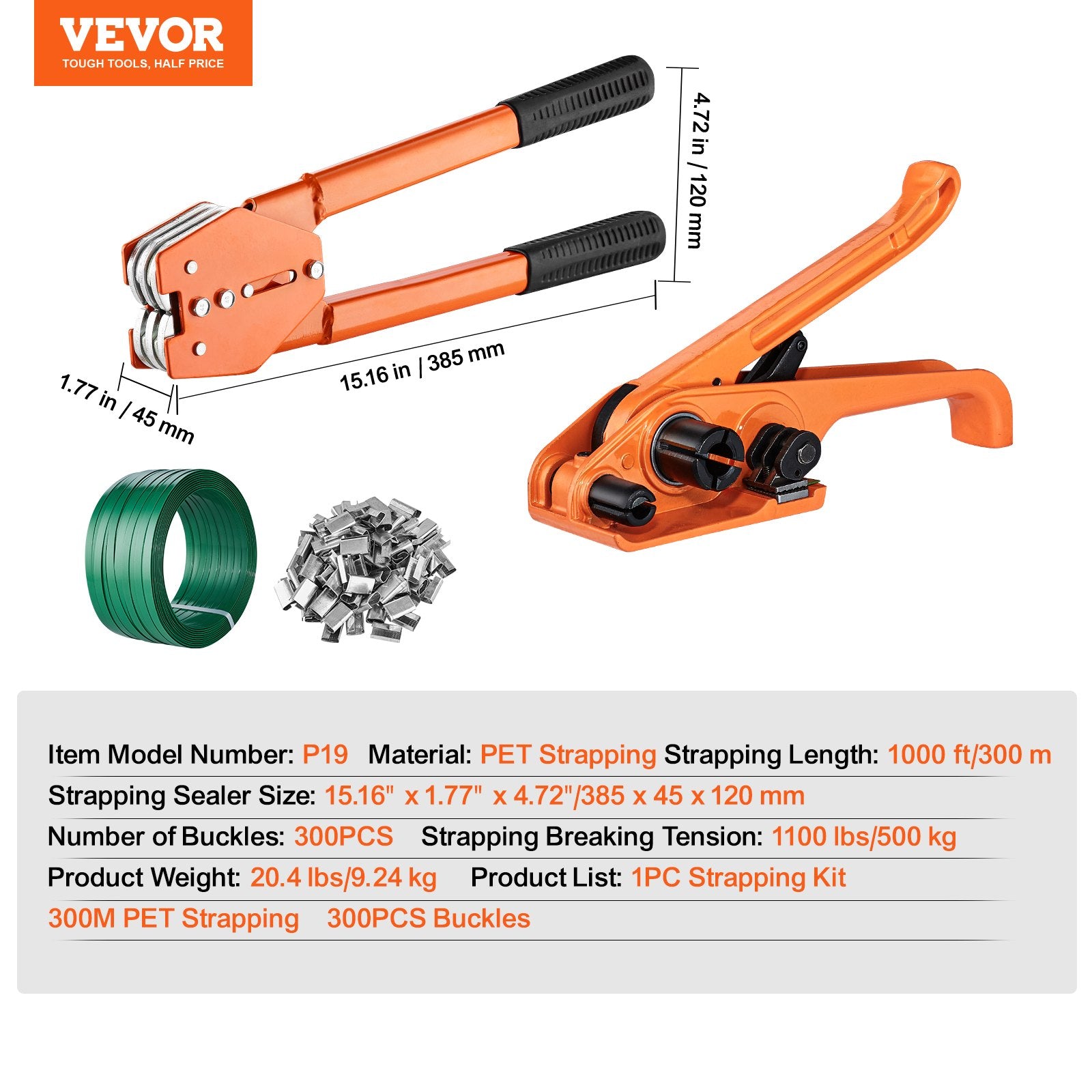 Banding Strapping Kit with Strapping Tensioner Tool, Banding Sealer Tool, 300 m Length PET Band, 300 Metal Seals, Pallet Packaging Strapping Banding Kit Banding Packaging Strapping for Packing