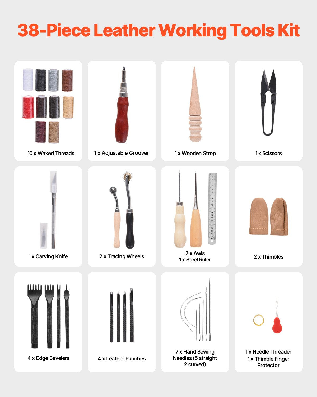 Hand Tools: VEVOR Leather Working Tools Kit, 38 PCS Leather Craft Tools with Portable Canvas Storage Bag, Engraving Punching Sewing Stamping Cutting Tools, Ideal for Beginners DIY Enthusiasts and Professionals