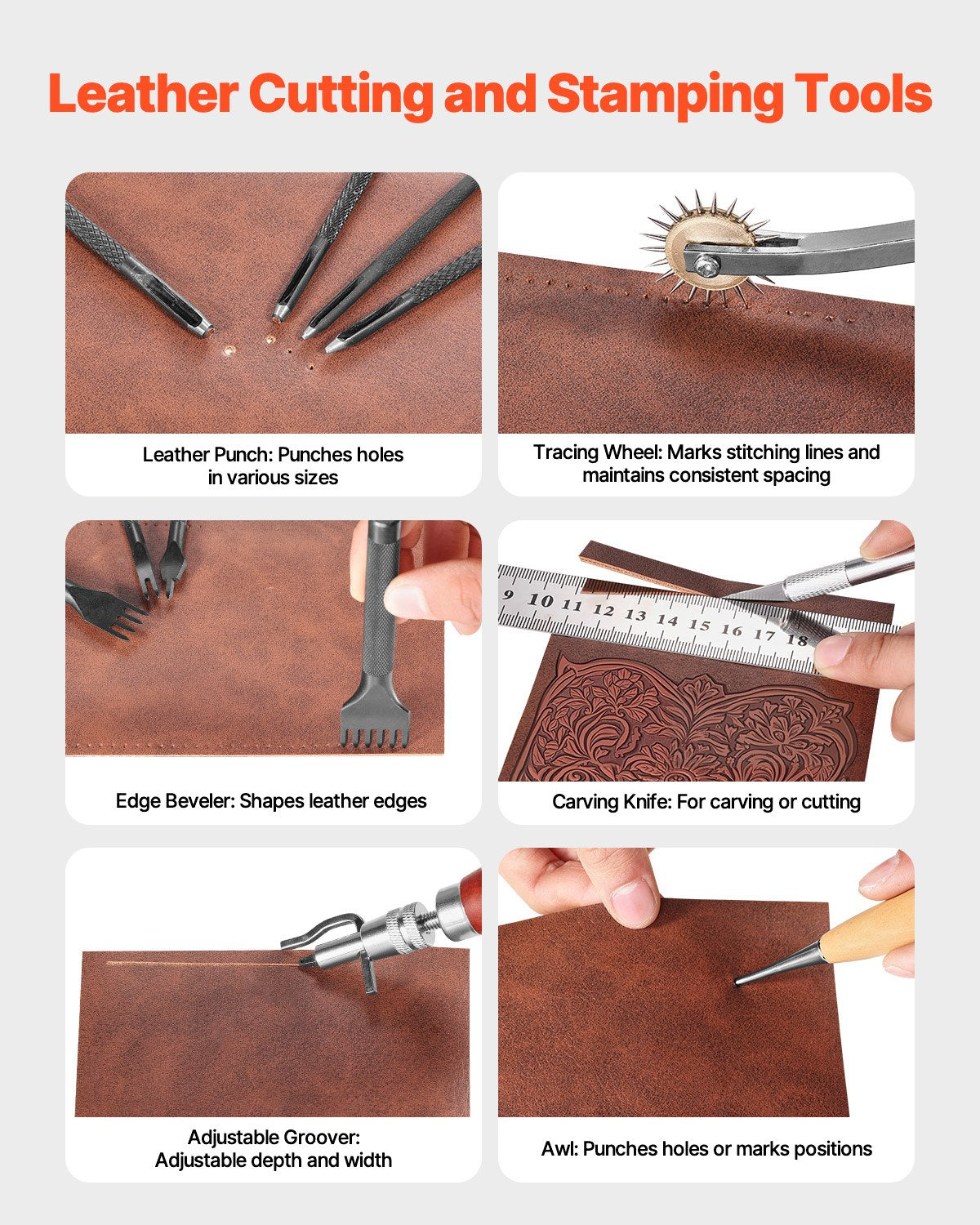 Hand Tools: VEVOR Leather Working Tools Kit, 38 PCS Leather Craft Tools with Portable Canvas Storage Bag, Engraving Punching Sewing Stamping Cutting Tools, Ideal for Beginners DIY Enthusiasts and Professionals