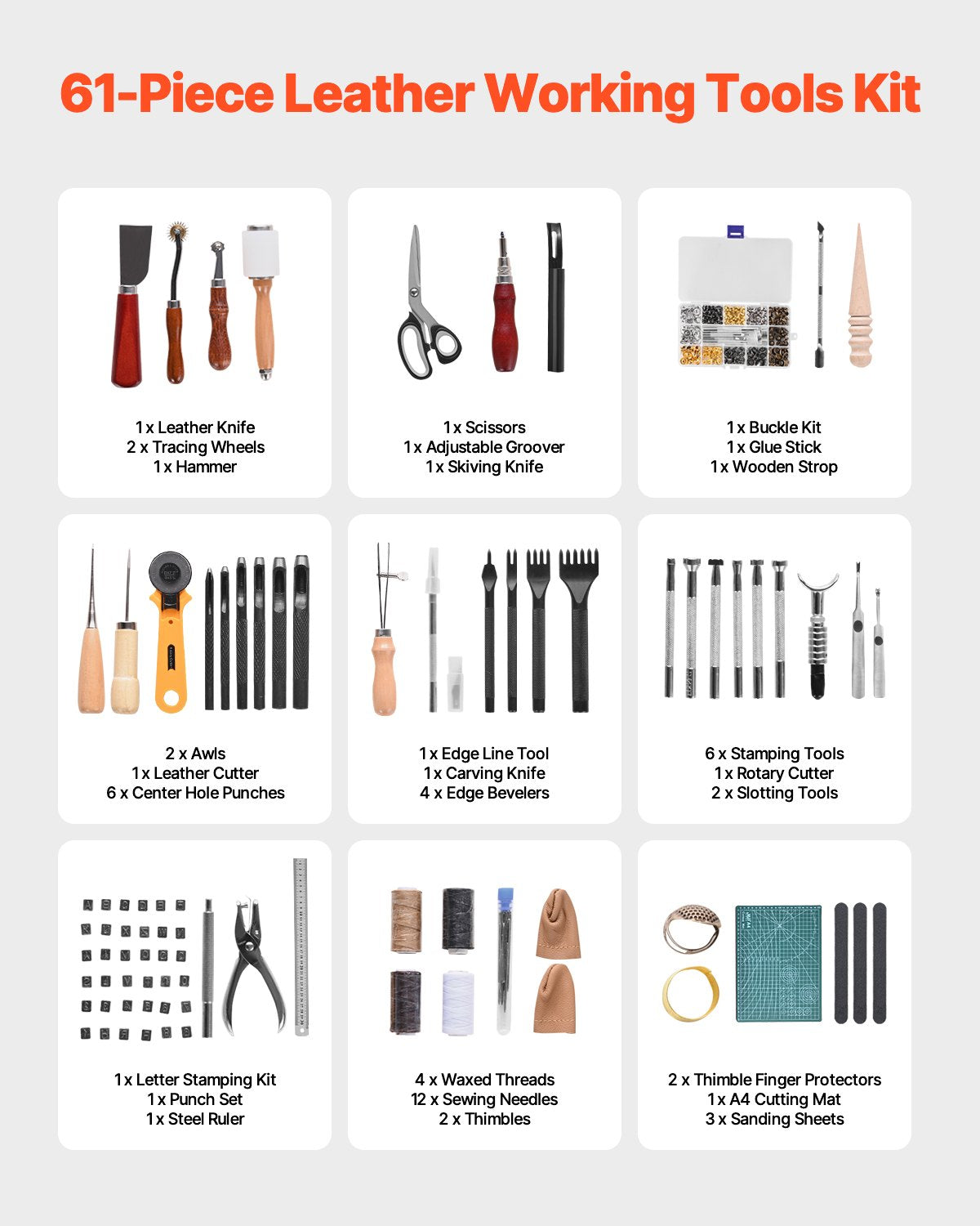 Hand Tools: VEVOR Leather Working Tools Kit, 61 PCS Leather Craft Tools with Portable Canvas Storage Bag, Engraving Punching Sewing Stamping Sanding Tools, Ideal for Beginners DIY Enthusiasts and Professionals
