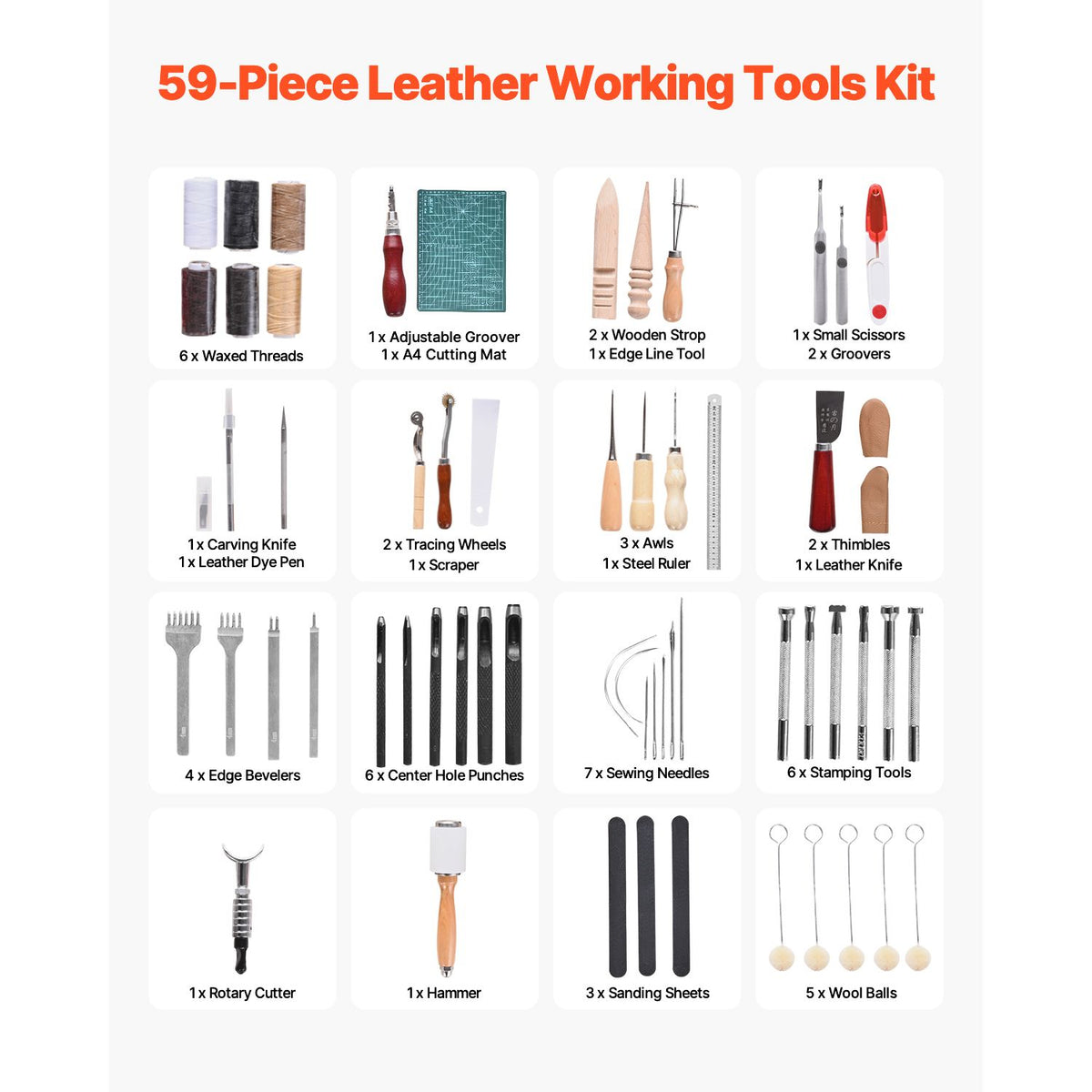 Leather Working Tools Kit, 59 PCS Leather Craft Tools with Portable Canvas Storage Bag, Engraving Punching Sewing Stamping Sanding Tools, Ideal for Beginners DIY Enthusiasts and Professionals
