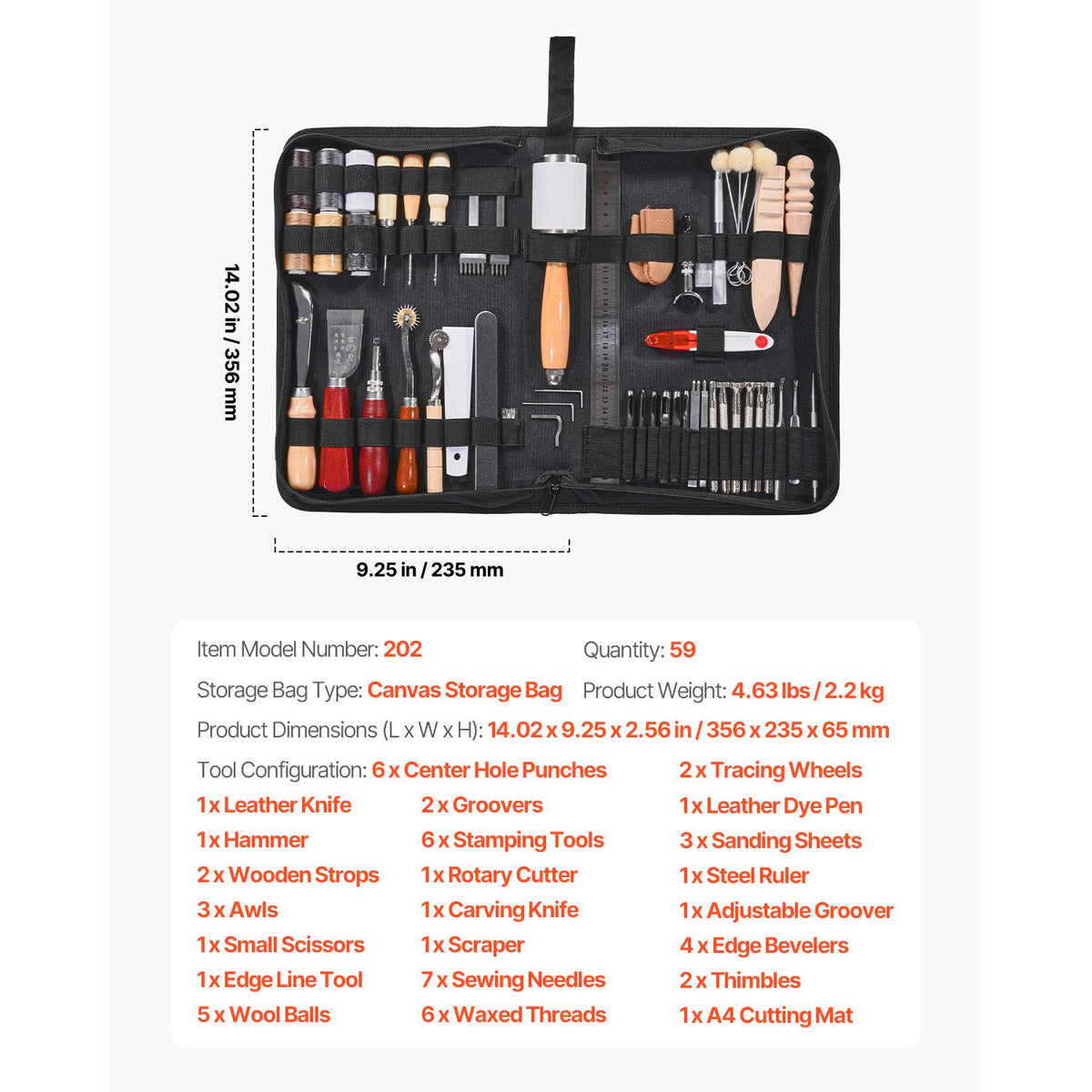 Leather Working Tools Kit, 59 PCS Leather Craft Tools with Portable Canvas Storage Bag, Engraving Punching Sewing Stamping Sanding Tools, Ideal for Beginners DIY Enthusiasts and Professionals
