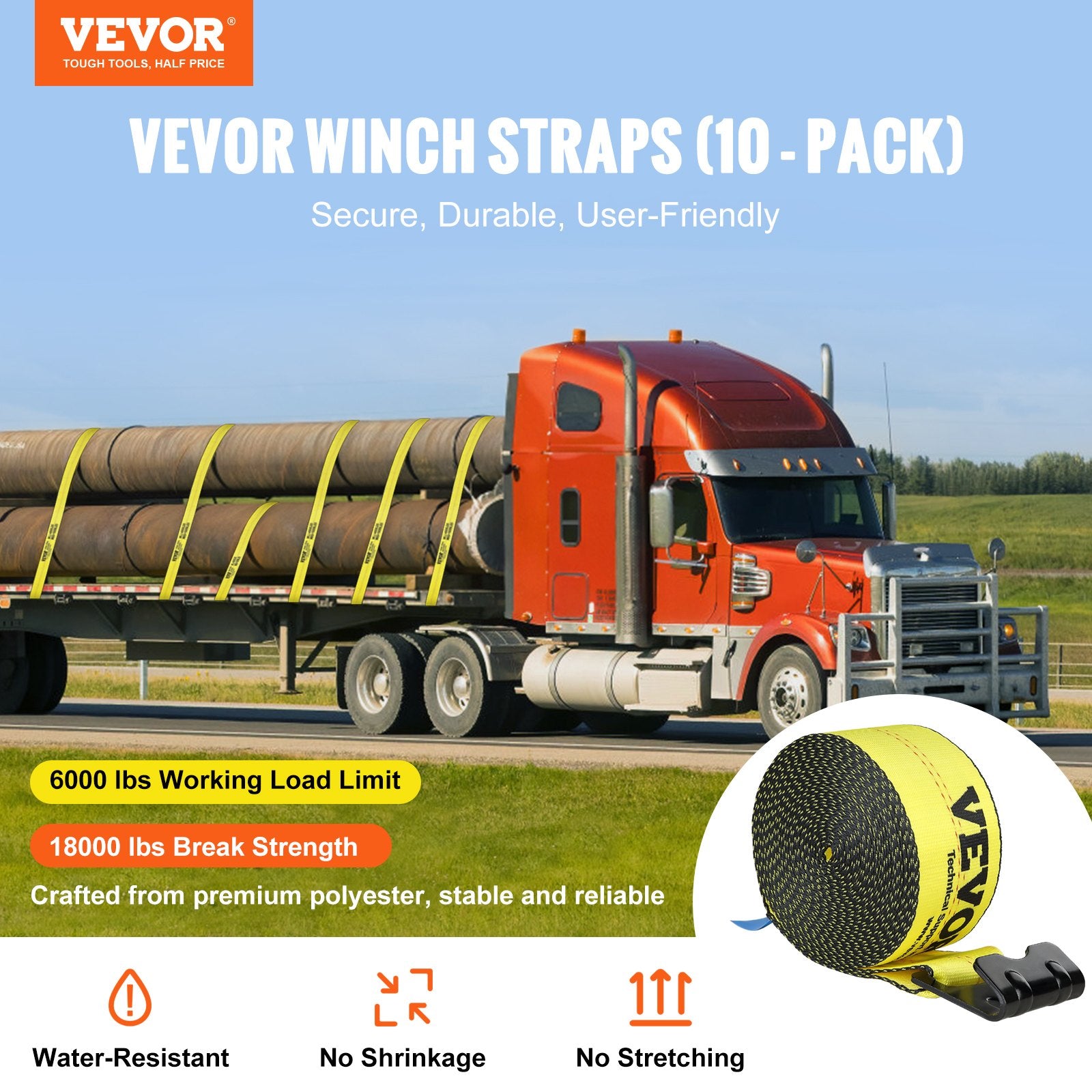 Cat Carriers & Crates: VEVOR Winch Straps, 10.2 cm x 9.1 m, 2.7T Load Capacity, 8.2T Break Strength, Truck Straps with Flat Hook, Flatbed Tie Downs Cargo Control for Trailers, Farms, Rescues, Tree Saver, Yellow (10 Pack)
