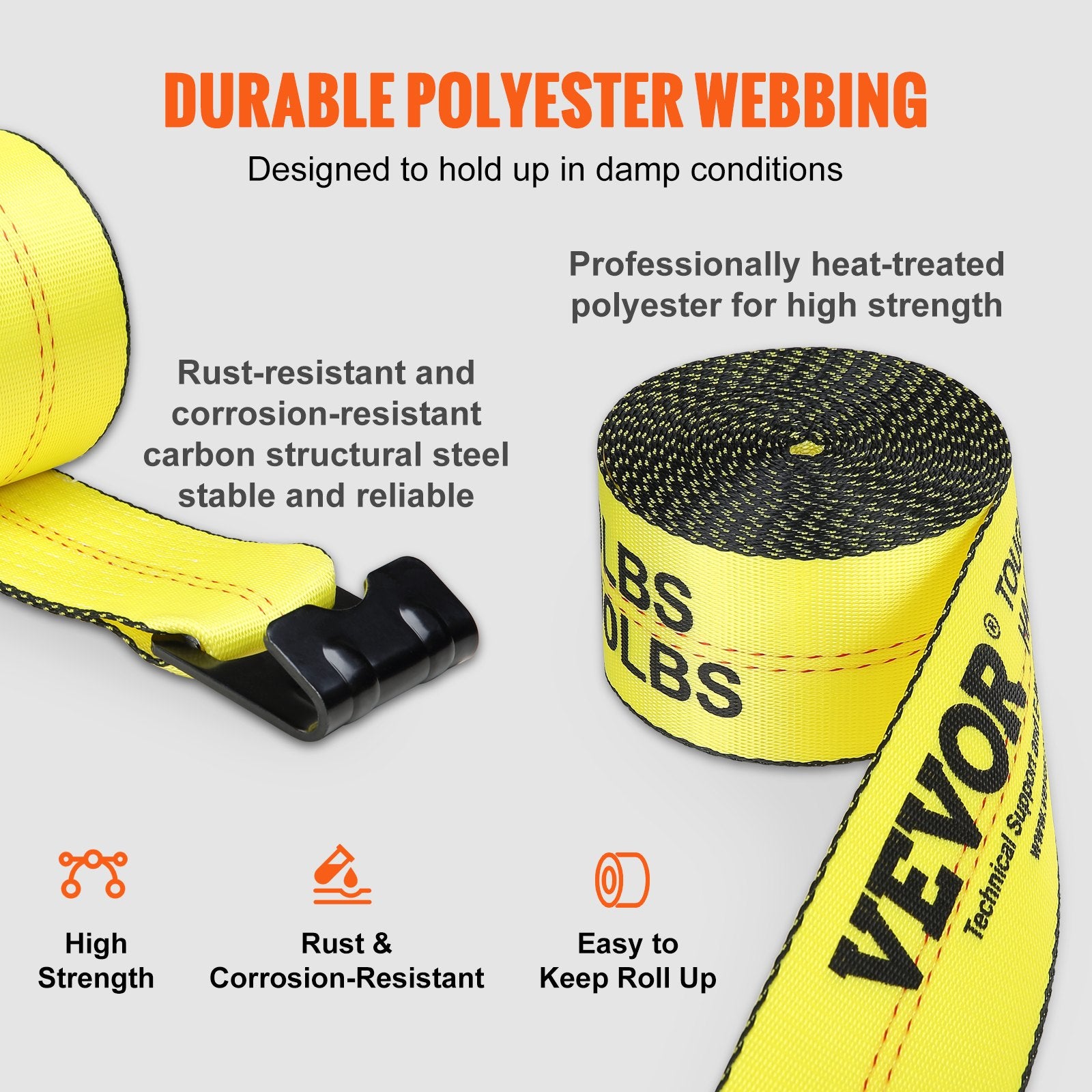 Cat Carriers & Crates: VEVOR Winch Straps, 10.2 cm x 9.1 m, 2.7T Load Capacity, 8.2T Break Strength, Truck Straps with Flat Hook, Flatbed Tie Downs Cargo Control for Trailers, Farms, Rescues, Tree Saver, Yellow (10 Pack)