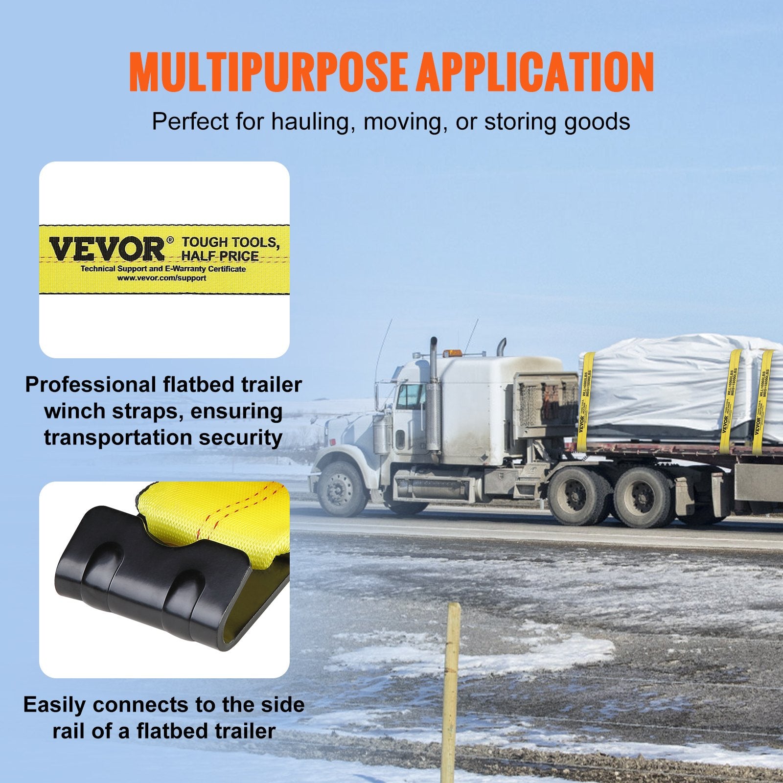 Cat Carriers & Crates: VEVOR Winch Straps, 10.2 cm x 9.1 m, 2.7T Load Capacity, 8.2T Break Strength, Truck Straps with Flat Hook, Flatbed Tie Downs Cargo Control for Trailers, Farms, Rescues, Tree Saver, Yellow (10 Pack)