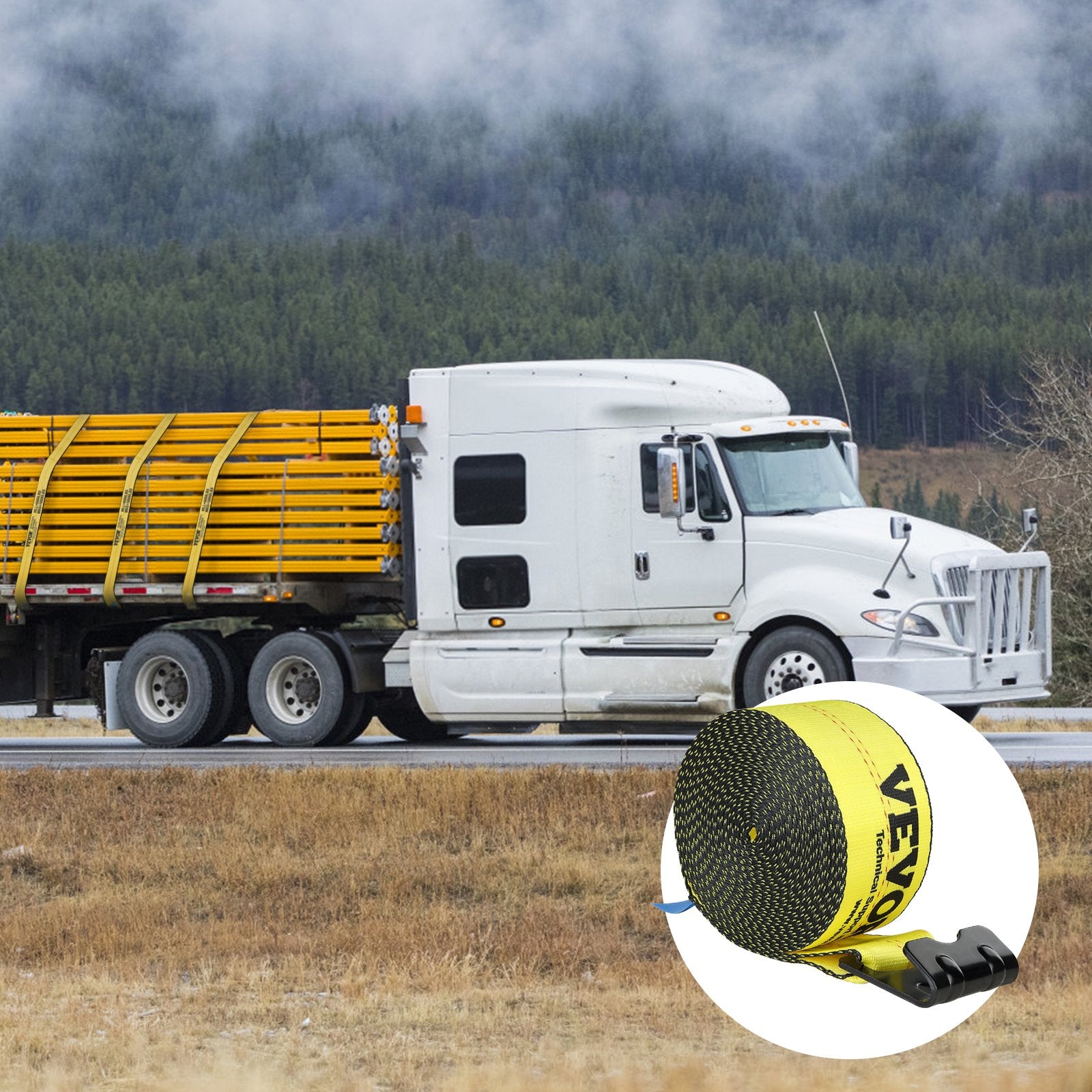 Cat Carriers & Crates: VEVOR Winch Straps, 10.2 cm x 9.1 m, 2.7T Load Capacity, 8.2T Break Strength, Truck Straps with Flat Hook, Flatbed Tie Downs Cargo Control for Trailers, Farms, Rescues, Tree Saver, Yellow (10 Pack)