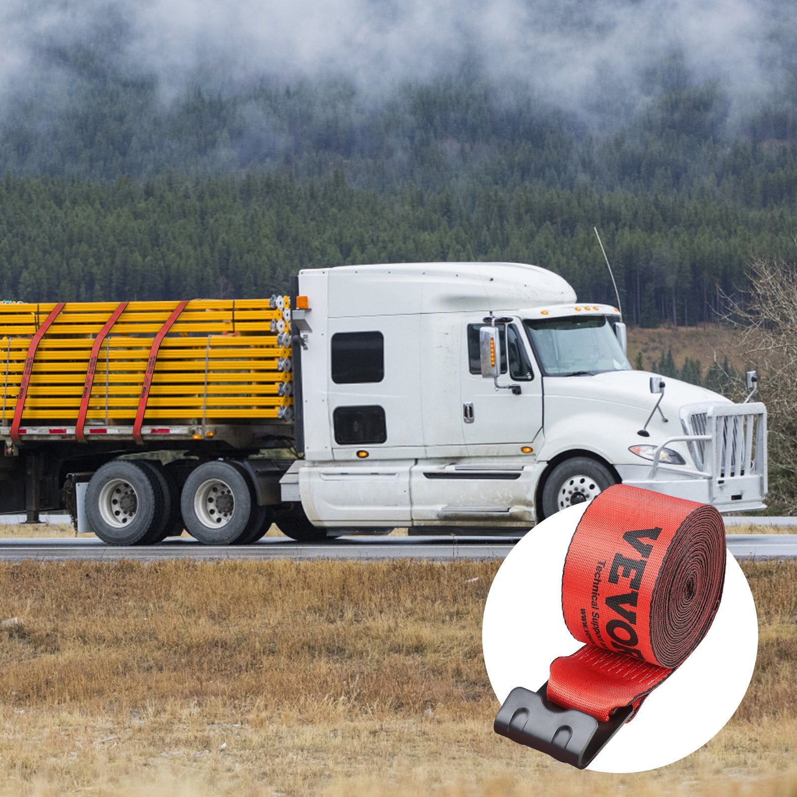 Winch Straps, 10.2 cm x 9.1 m, 2.7T Load Capacity, 8.2T Breaking Strength, Truck Straps with Flat Hook, Flatbed Tie Downs Cargo Control for Trailers, Farms, Rescues, Tree Saver, Red (10 Pack)
