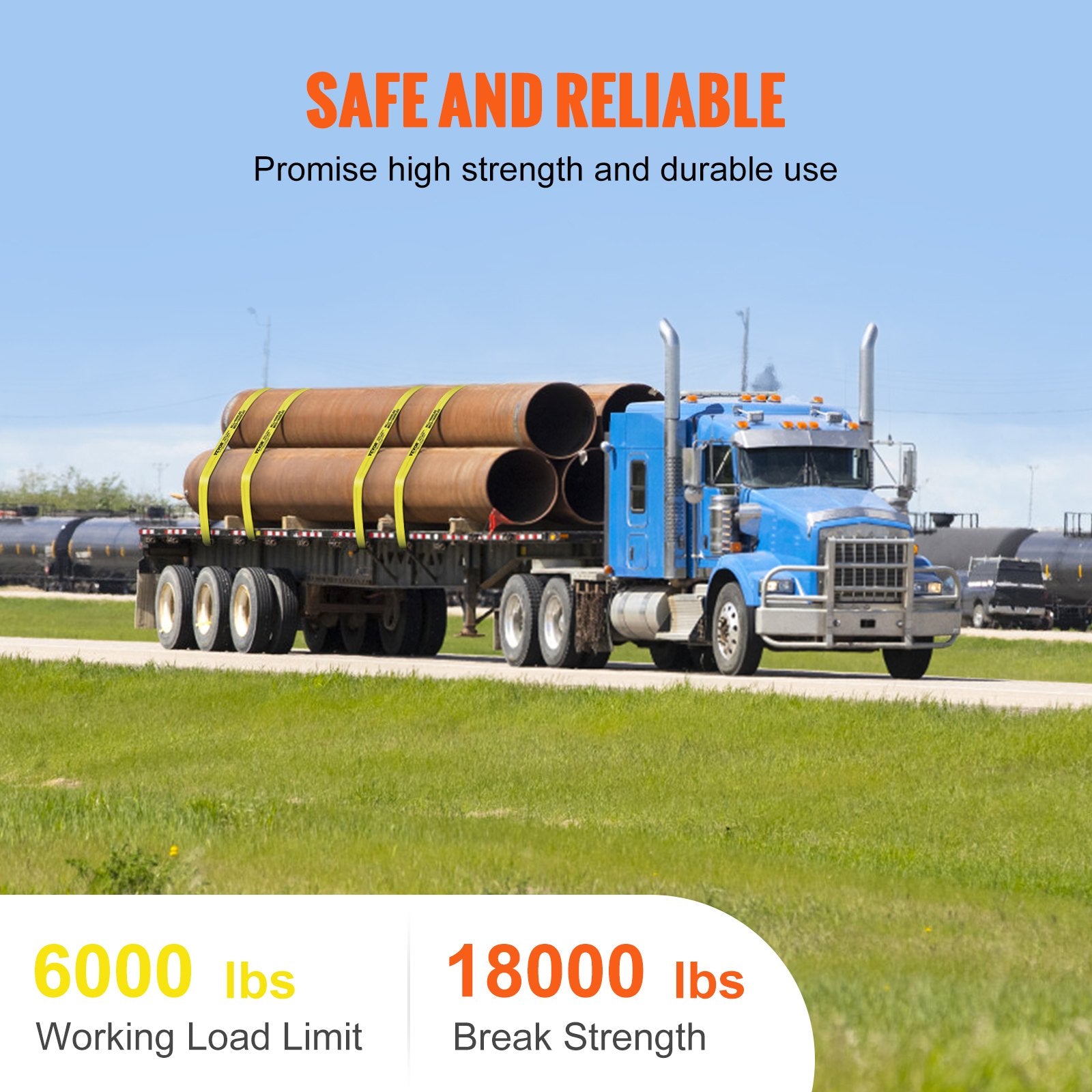 Winch Straps, 10.2 cm x 12.2 m, 2.7T Load Capacity, 8.2T Break Strength, Truck Straps with Flat Hook, Flatbed Tie Downs Cargo Control for Trailers, Farms, Rescues, Tree Saver, Yellow (10 Pack)