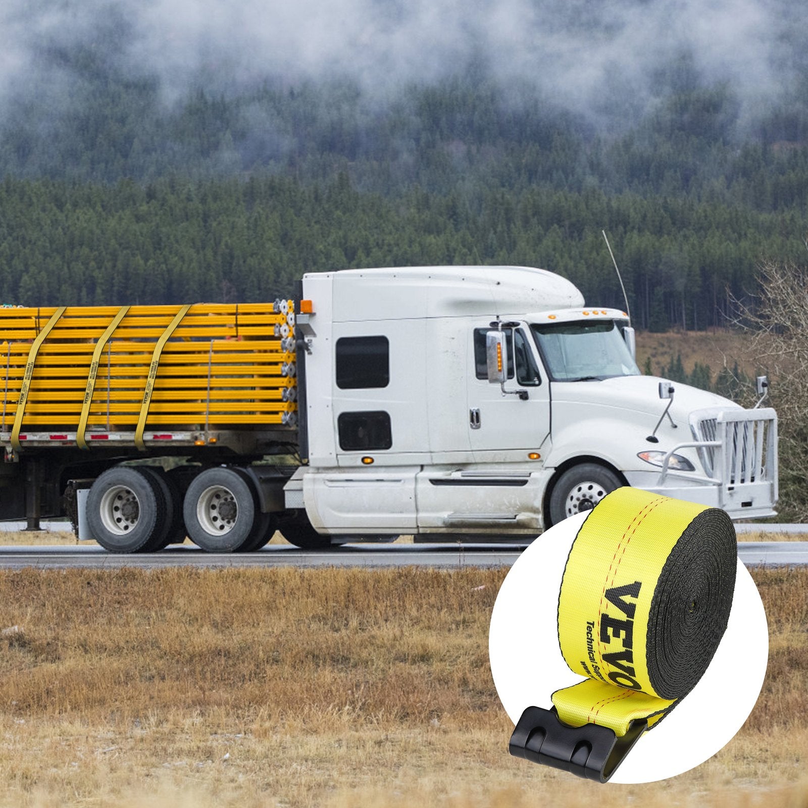 Winch Straps, 10.2 cm x 12.2 m, 2.7T Load Capacity, 8.2T Break Strength, Truck Straps with Flat Hook, Flatbed Tie Downs Cargo Control for Trailers, Farms, Rescues, Tree Saver, Yellow (10 Pack)