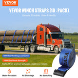 Cat Carriers & Crates: VEVOR Winch Straps, 10.2 cm x 9.1 m, 2.7T Load Capacity, 8.2T Breaking Strength, Truck Straps with Flat Hook, Flatbed Tie Downs Cargo Control for Trailers, Farms, Rescues, Tree Saver, Blue (10 Pack)