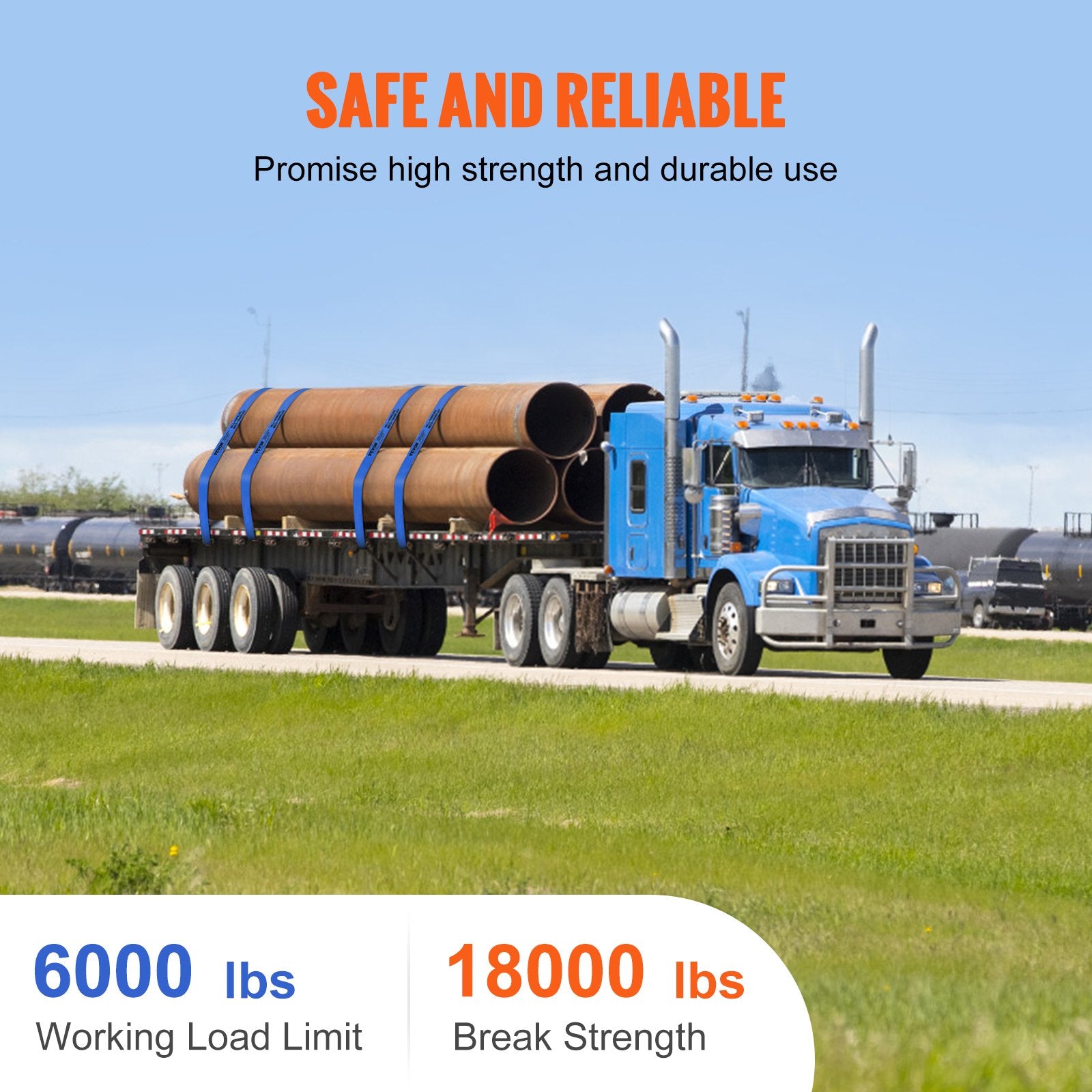 Winch Straps, 10.2 cm x 9.1 m, 2.7T Load Capacity, 8.2T Breaking Strength, Truck Straps with Flat Hook, Flatbed Tie Downs Cargo Control for Trailers, Farms, Rescues, Tree Saver, Blue (10 Pack)