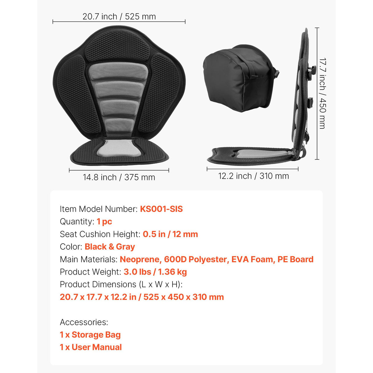 Kayak Seat, 1 Pack 12 mm Thick, Universal Paddle Board Seat with Back Support, Sit-on-Top Soft Padded Cushion with Storage Bag & Adjustable Straps for SUP, Canoe, Fishing Boat, Inflatable Kayak