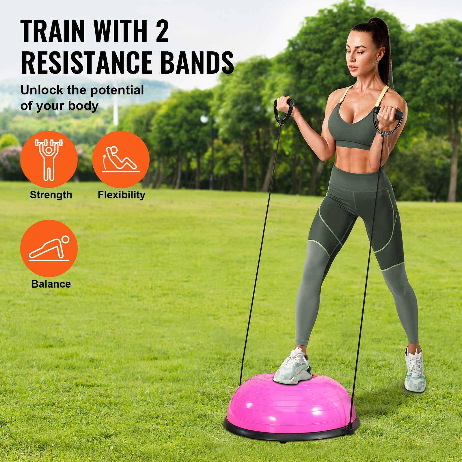 Basketball & Basketball Accessories: VEVOR Half Exercise Ball Trainer, 23 inch Balance Ball Trainer, 660lbs Capacity Stability Ball, Yoga Ball with Resistance Bands & Foot Pump, Strength Fitness Ball for Home Gym, Full Body Workout, Pink