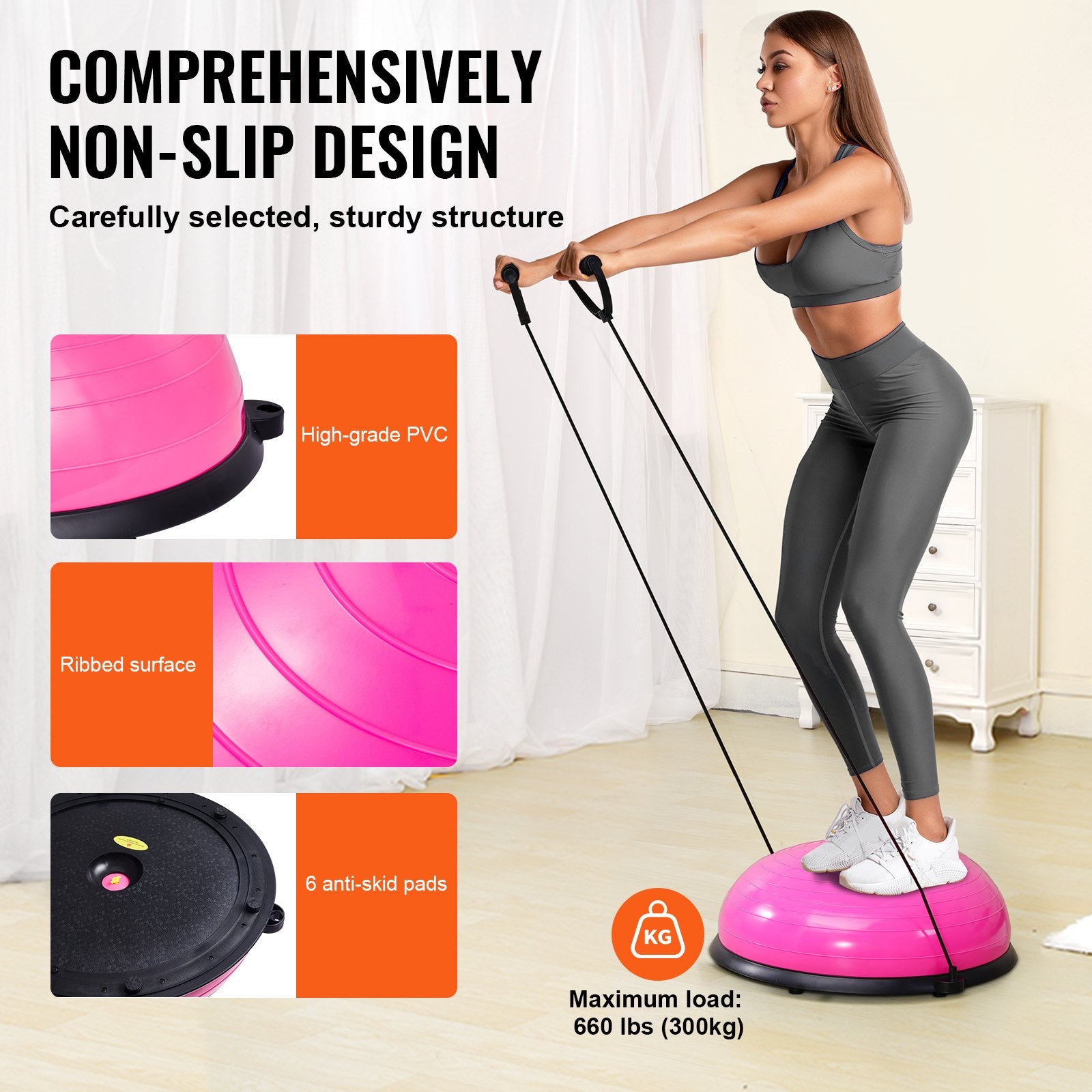 Basketball & Basketball Accessories: VEVOR Half Exercise Ball Trainer, 23 inch Balance Ball Trainer, 660lbs Capacity Stability Ball, Yoga Ball with Resistance Bands & Foot Pump, Strength Fitness Ball for Home Gym, Full Body Workout, Pink