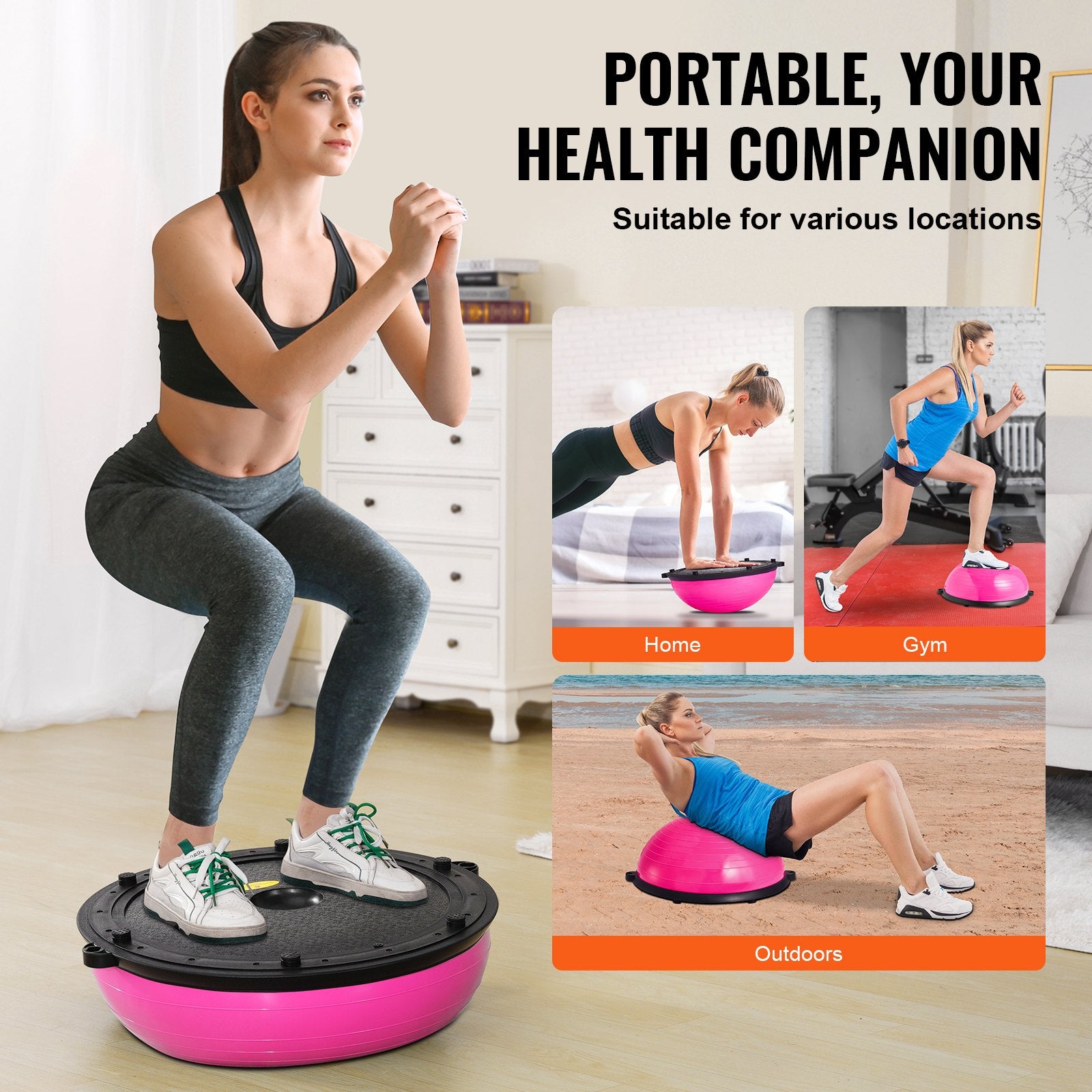 Basketball & Basketball Accessories: VEVOR Half Exercise Ball Trainer, 23 inch Balance Ball Trainer, 660lbs Capacity Stability Ball, Yoga Ball with Resistance Bands & Foot Pump, Strength Fitness Ball for Home Gym, Full Body Workout, Pink