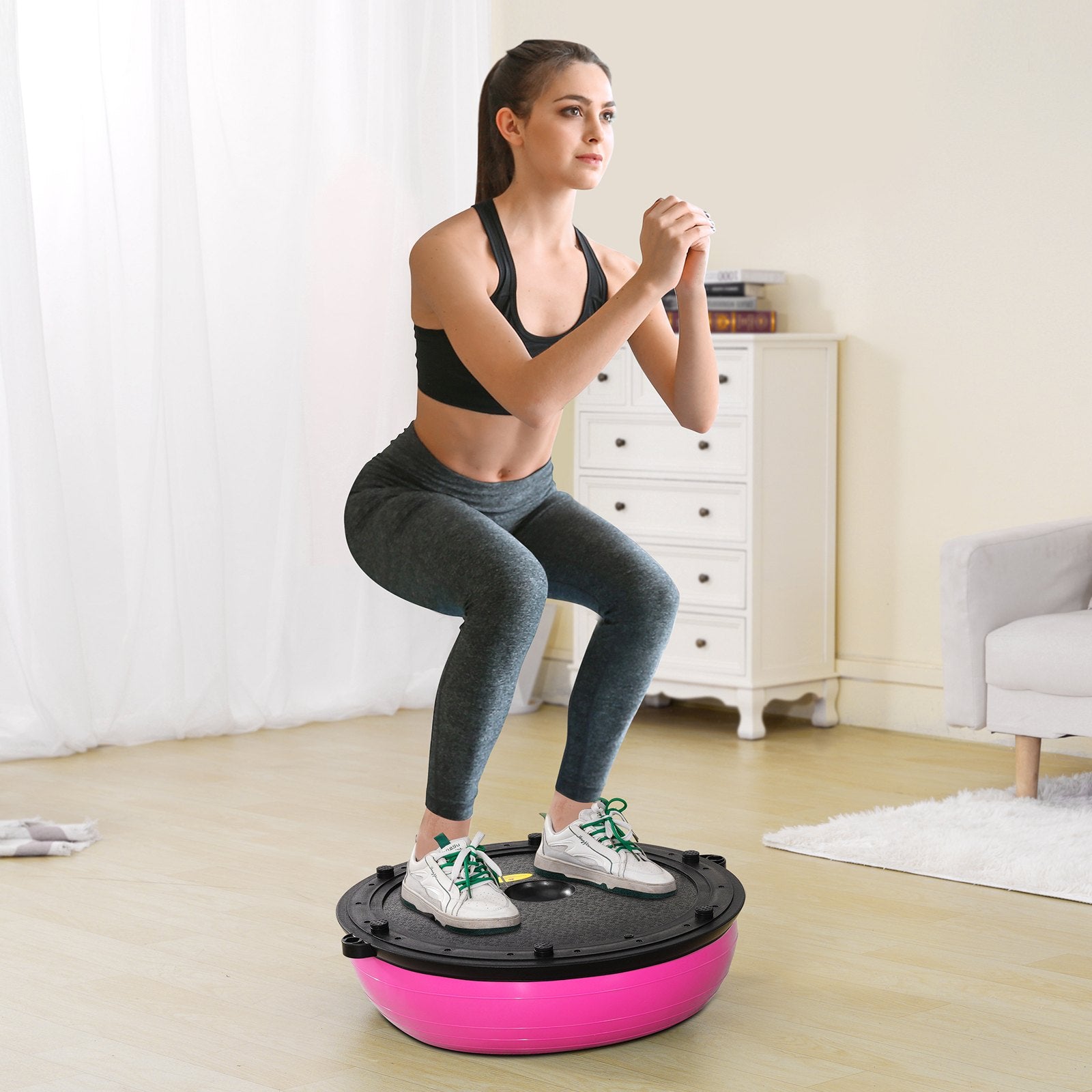 Basketball & Basketball Accessories: VEVOR Half Exercise Ball Trainer, 23 inch Balance Ball Trainer, 660lbs Capacity Stability Ball, Yoga Ball with Resistance Bands & Foot Pump, Strength Fitness Ball for Home Gym, Full Body Workout, Pink