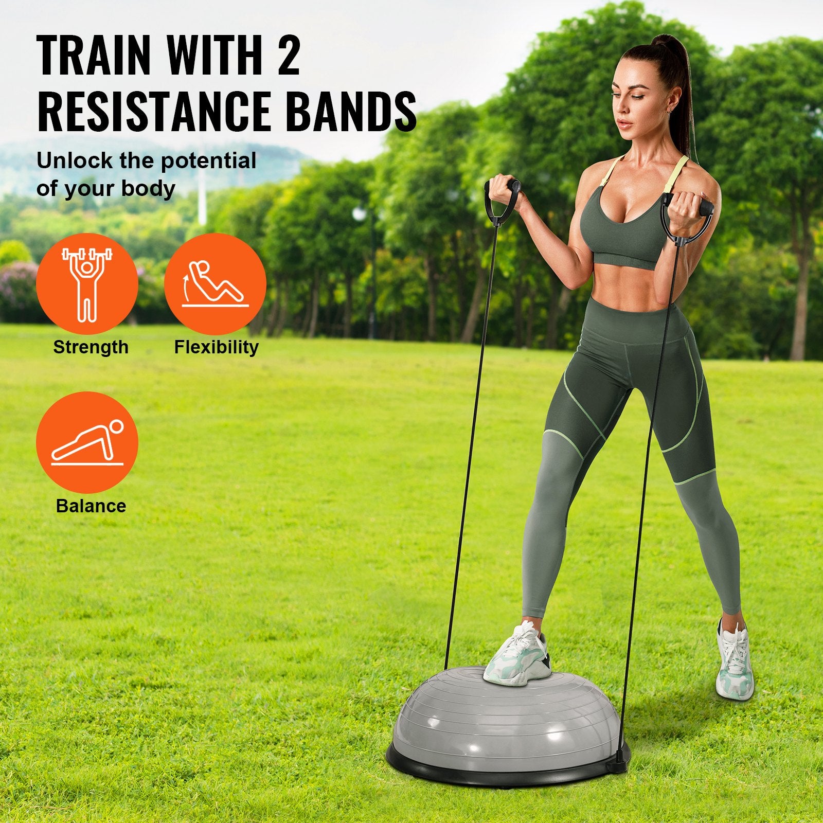 Basketball & Basketball Accessories: VEVOR Half Exercise Ball Trainer, 23 inch Balance Ball Trainer, 660lbs Capacity Stability Ball, Yoga Ball with Resistance Bands & Foot Pump, Strength Fitness Ball for Home Gym, Full Body Workout, Gray