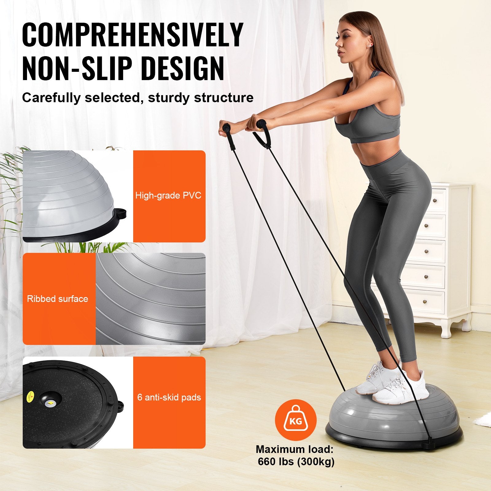 Basketball & Basketball Accessories: VEVOR Half Exercise Ball Trainer, 23 inch Balance Ball Trainer, 660lbs Capacity Stability Ball, Yoga Ball with Resistance Bands & Foot Pump, Strength Fitness Ball for Home Gym, Full Body Workout, Gray