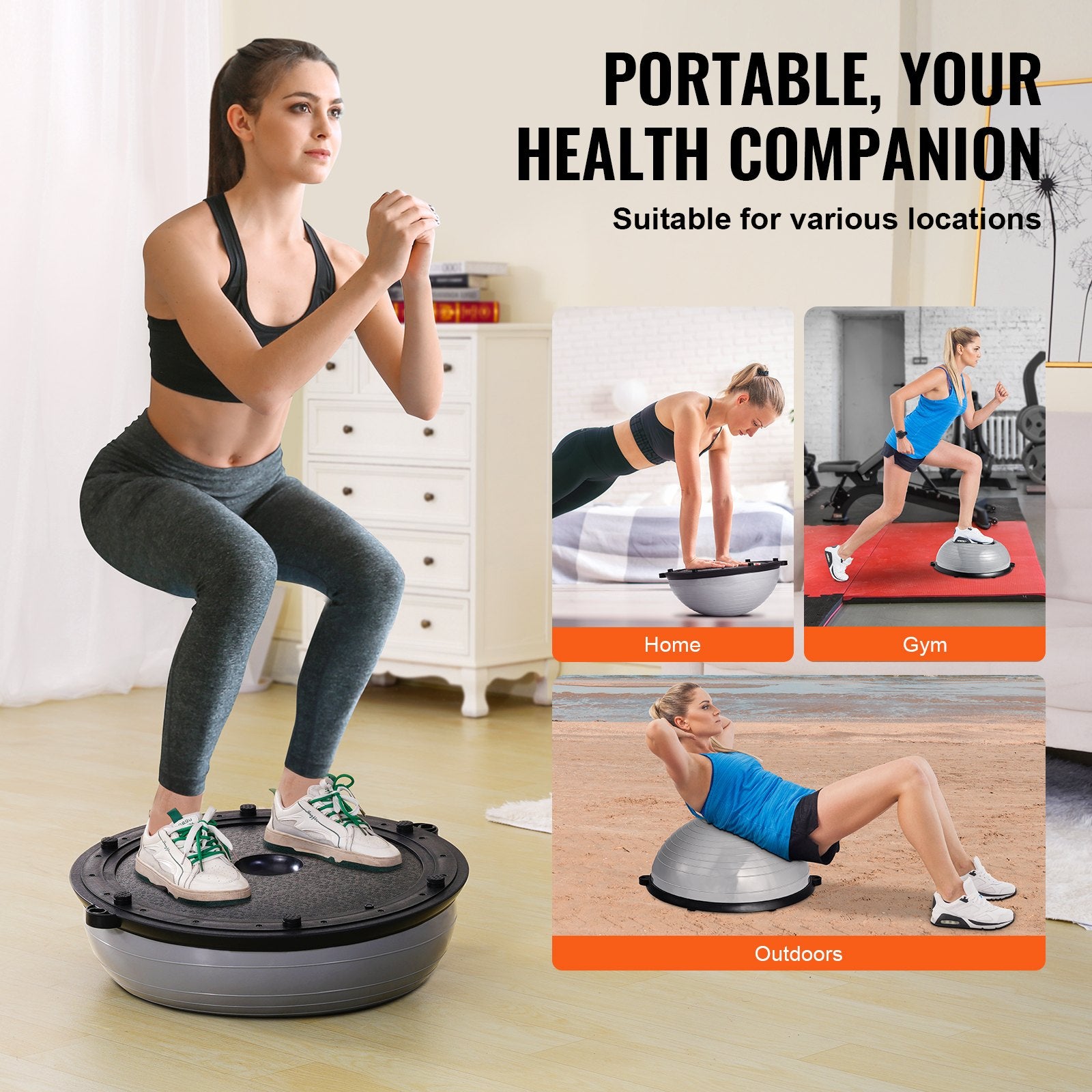 Basketball & Basketball Accessories: VEVOR Half Exercise Ball Trainer, 23 inch Balance Ball Trainer, 660lbs Capacity Stability Ball, Yoga Ball with Resistance Bands & Foot Pump, Strength Fitness Ball for Home Gym, Full Body Workout, Gray