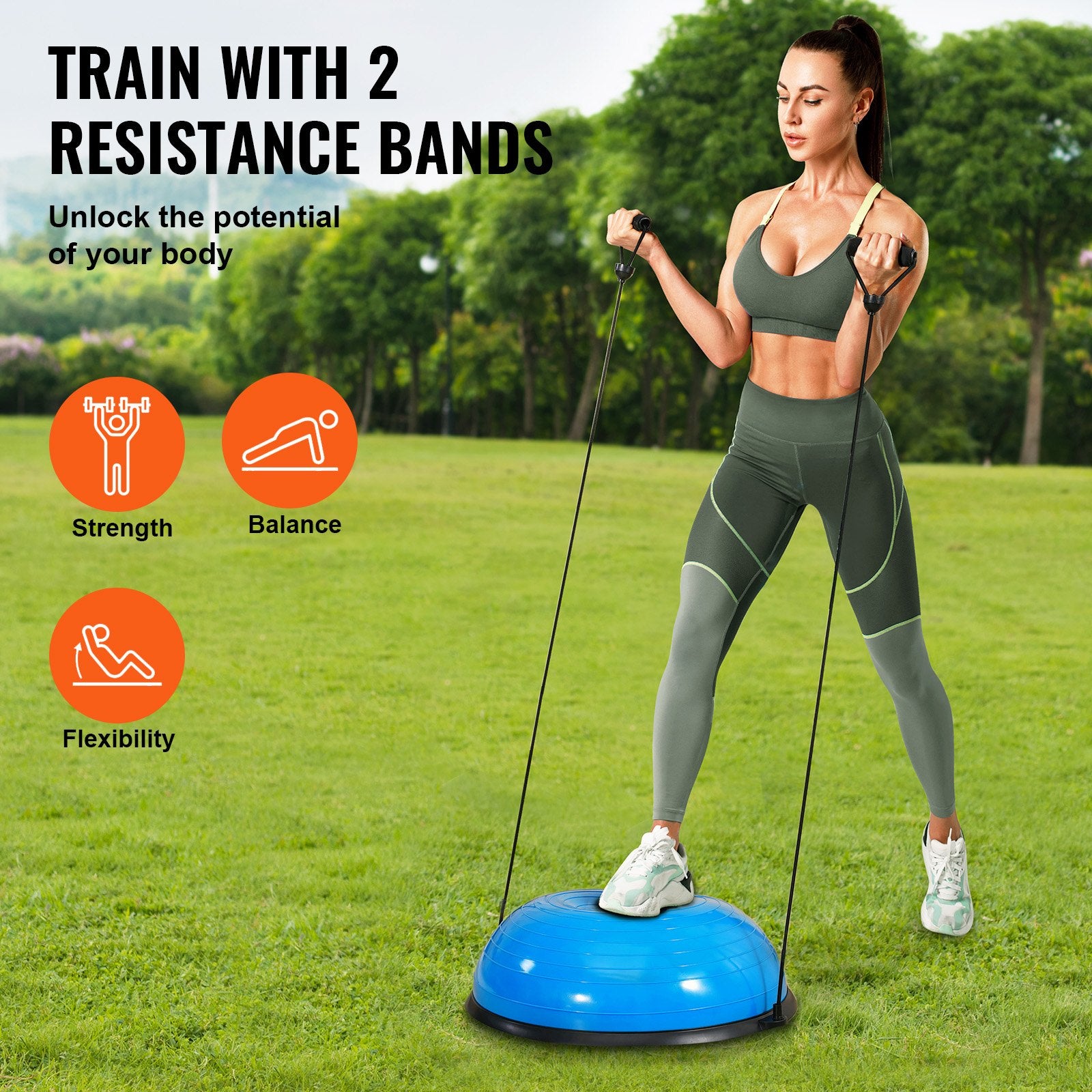 Basketball & Basketball Accessories: VEVOR Half Exercise Ball Trainer, 23 inch Balance Ball Trainer, 660lbs Capacity Stability Ball, Yoga Ball with Resistance Bands & Foot Pump, Strength Fitness Ball for Home Gym, Full Body Workout, Blue