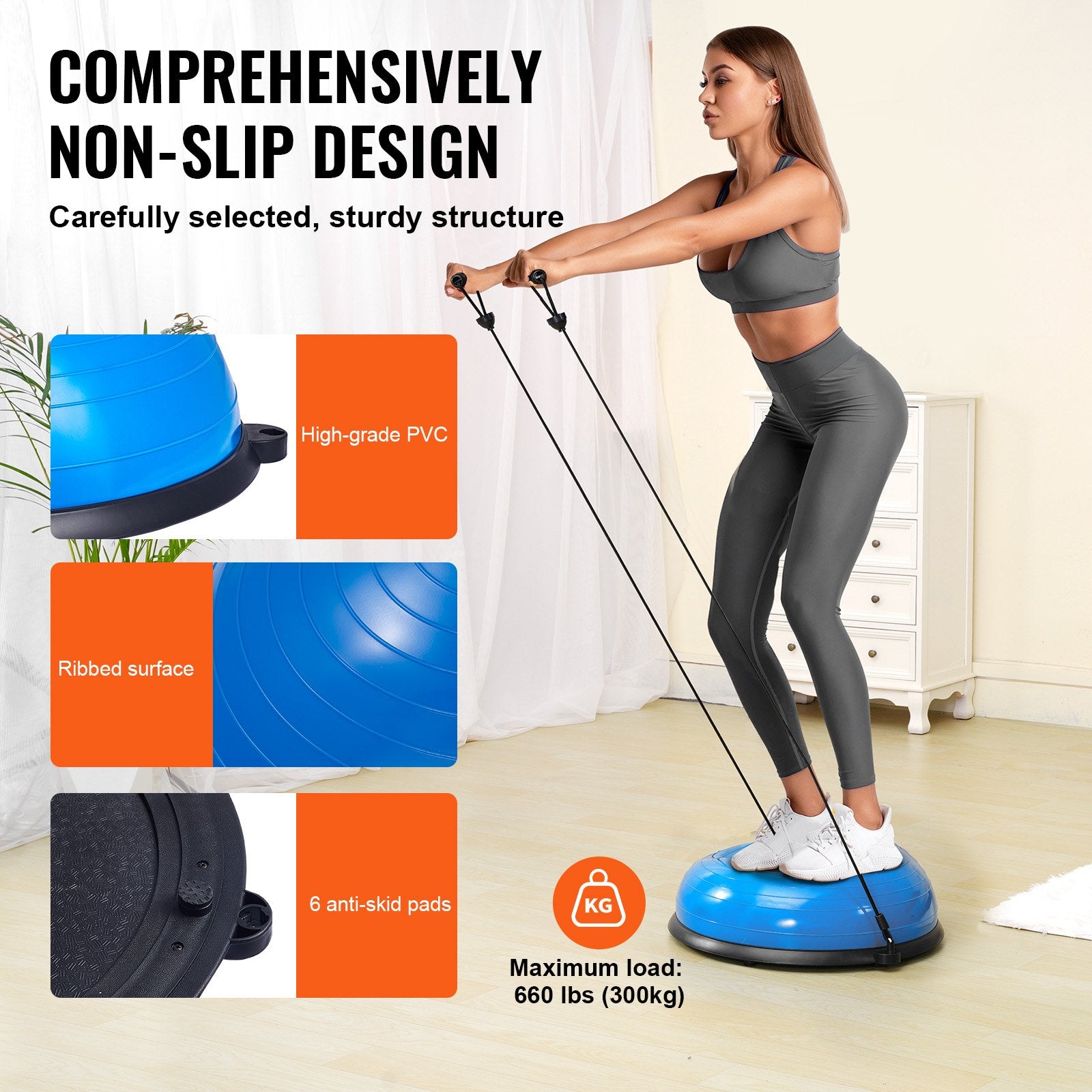 Basketball & Basketball Accessories: VEVOR Half Exercise Ball Trainer, 23 inch Balance Ball Trainer, 660lbs Capacity Stability Ball, Yoga Ball with Resistance Bands & Foot Pump, Strength Fitness Ball for Home Gym, Full Body Workout, Blue