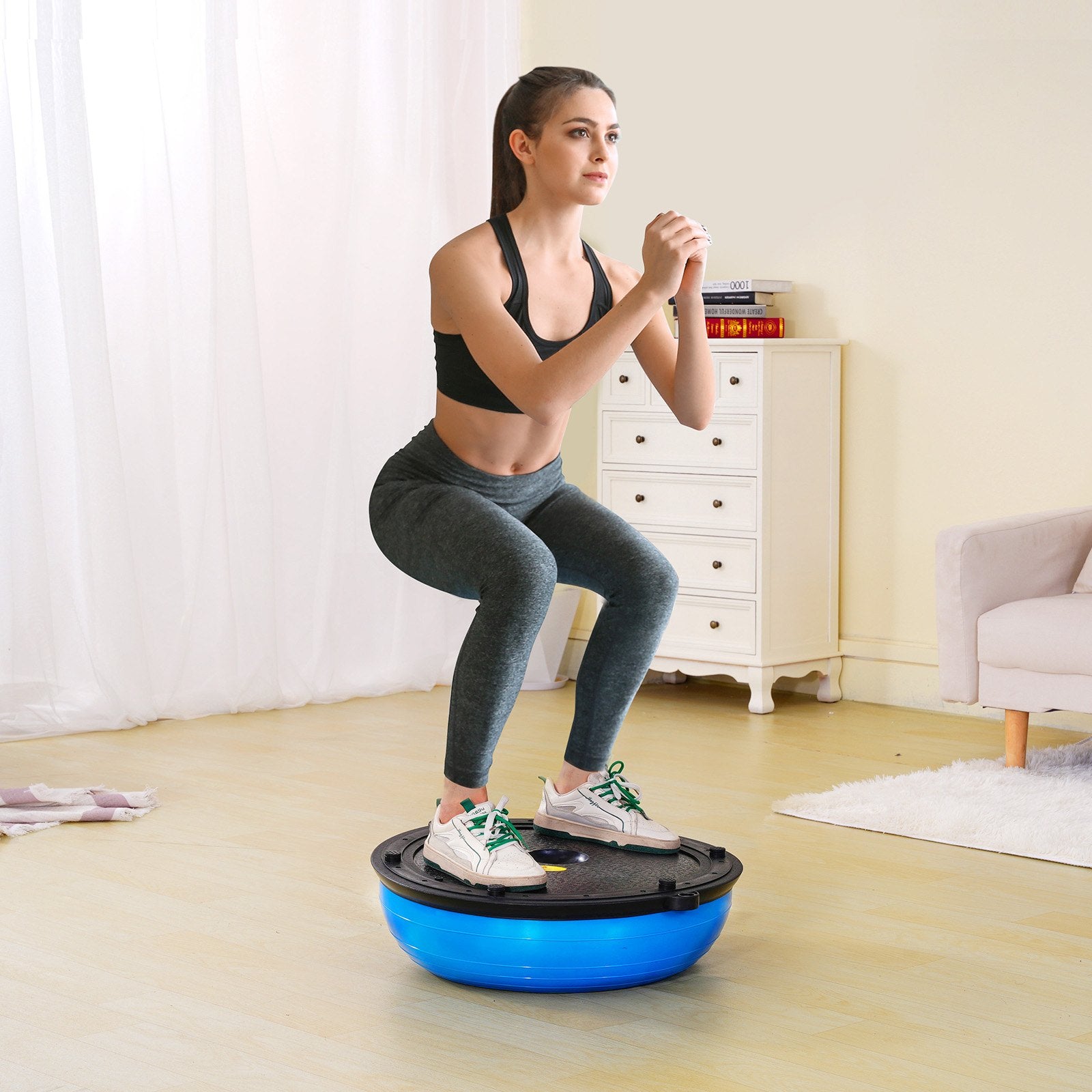 Basketball & Basketball Accessories: VEVOR Half Exercise Ball Trainer, 23 inch Balance Ball Trainer, 660lbs Capacity Stability Ball, Yoga Ball with Resistance Bands & Foot Pump, Strength Fitness Ball for Home Gym, Full Body Workout, Blue