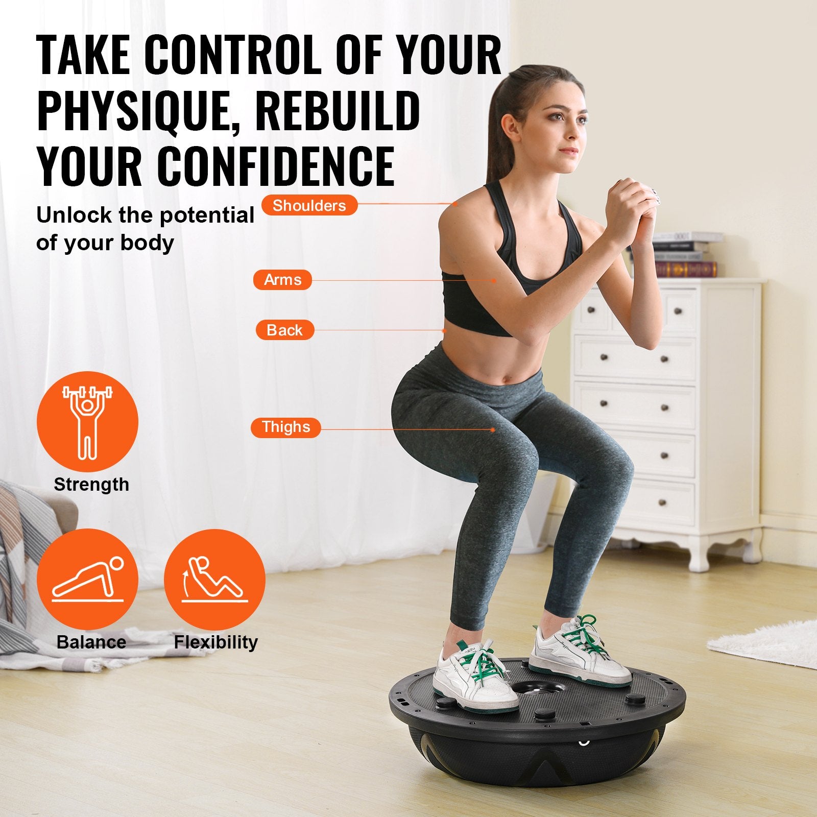 Exercise Bikes: VEVOR Half Exercise Ball Trainer, 23 inch Balance Ball Trainer, 660 lbs Capacity Stability Ball, Yoga Ball with Resistance Bands and Pump, Strength Fitness Ball for Home Gym, Full Body Workouts, Black